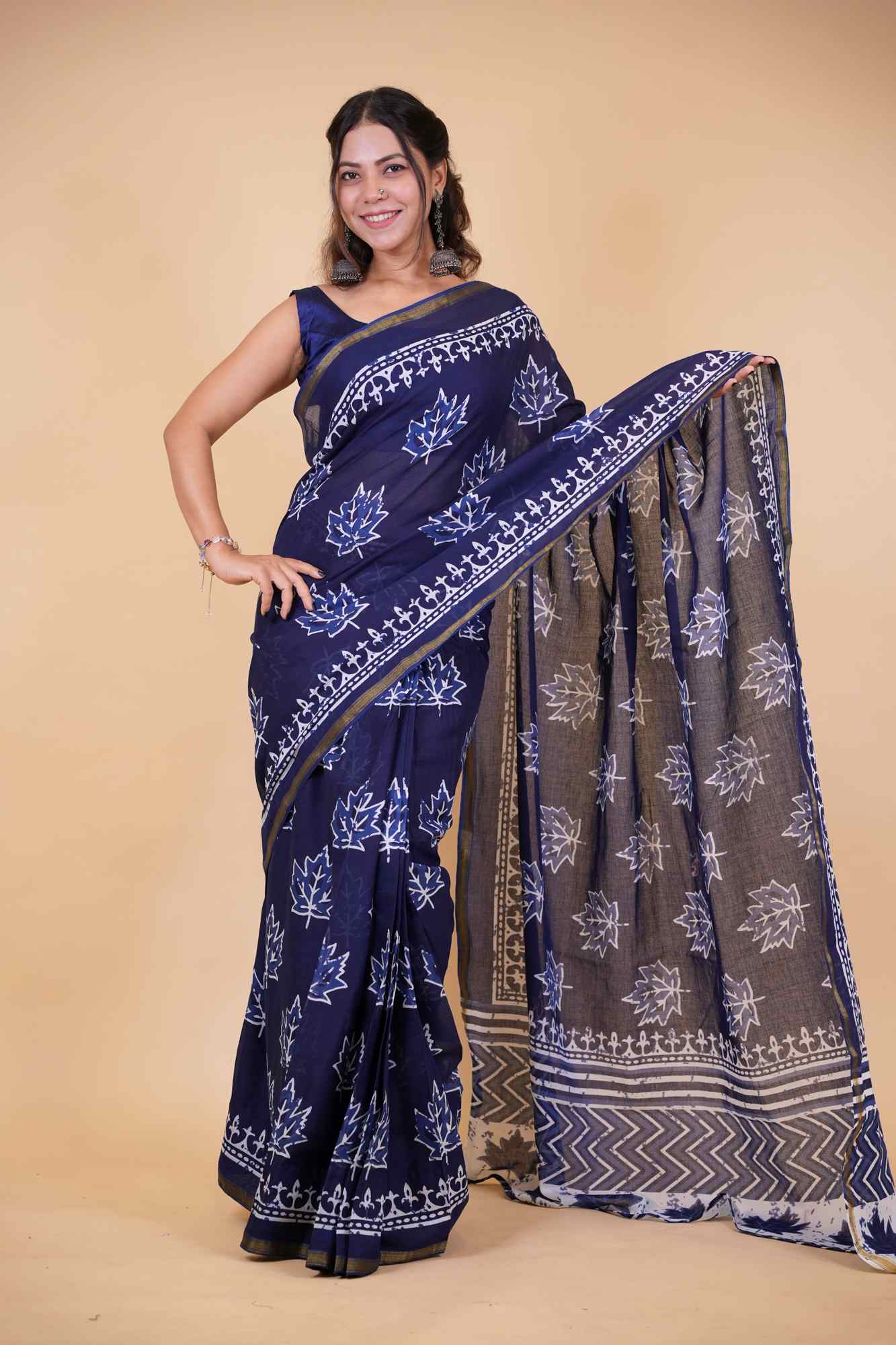 Cotton Vanaspati Ajrakh Printed with Elegant Zari Border Ready To Wear Saree