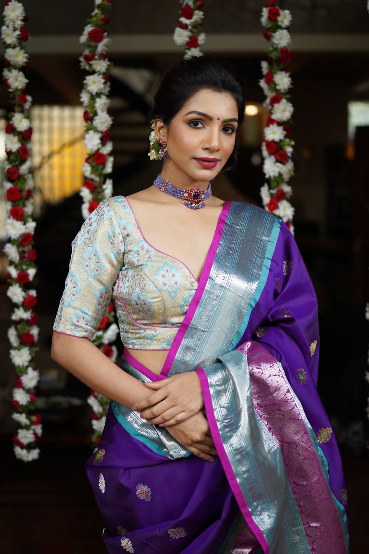 Heather Blue Meenakari Silk Blouse Mix and Match Blouse for saree, Made to Order | Shobitam