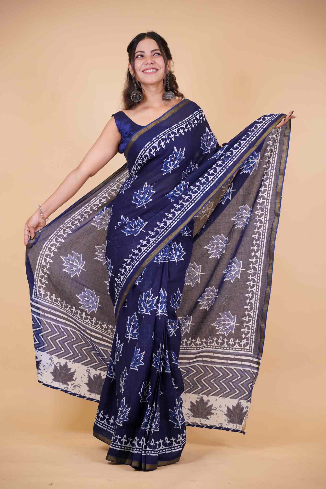 Cotton Vanaspati Ajrakh Printed with Elegant Zari Border Ready To Wear Saree