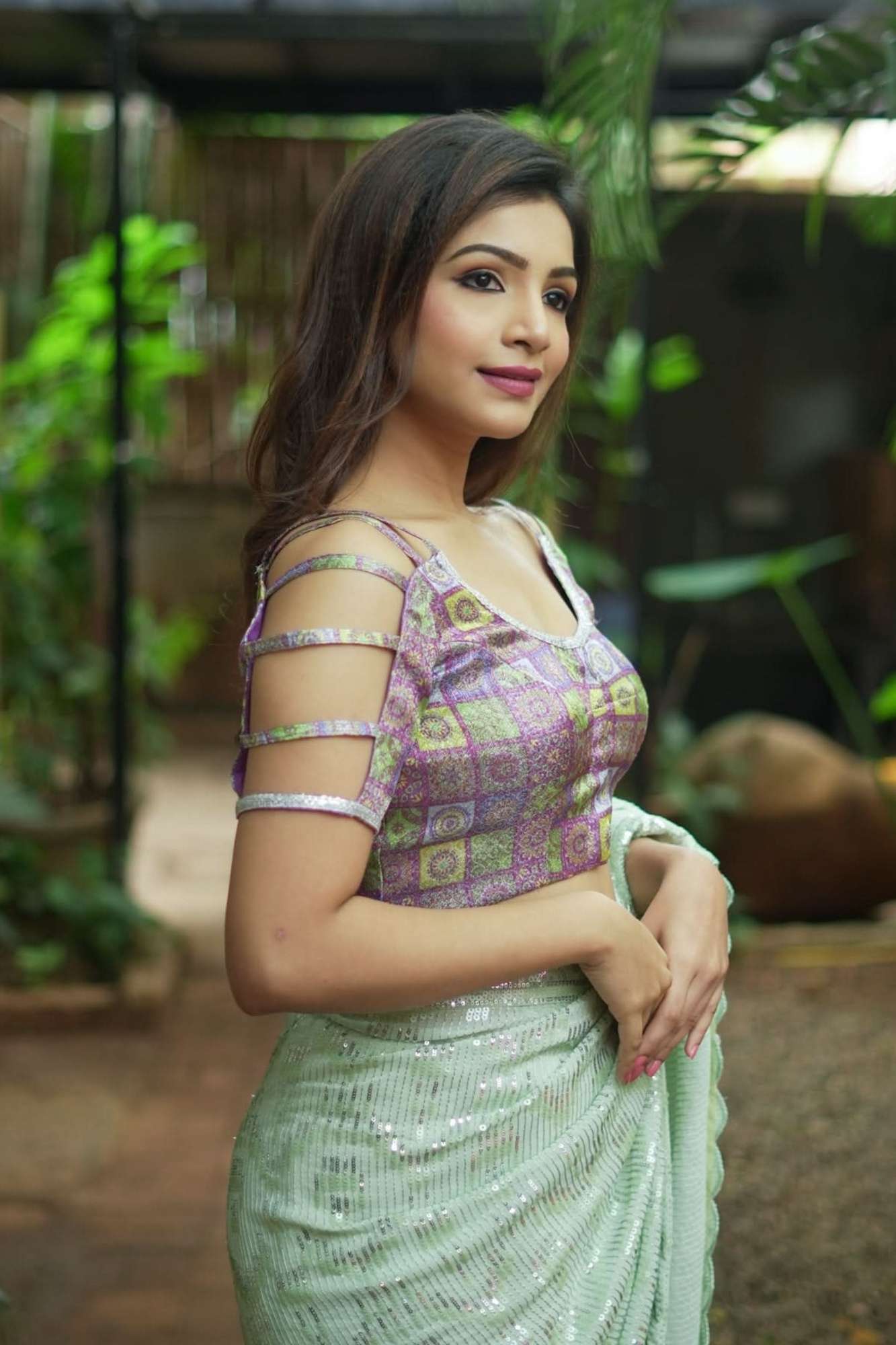 Multicolor Printed Blouse on Lavender Base with multi-strapped sleeves