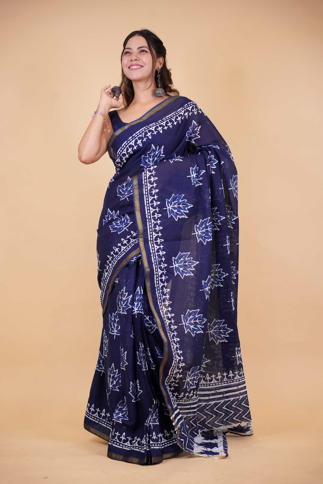 Cotton Vanaspati Ajrakh Printed with Elegant Zari Border Ready To Wear Saree