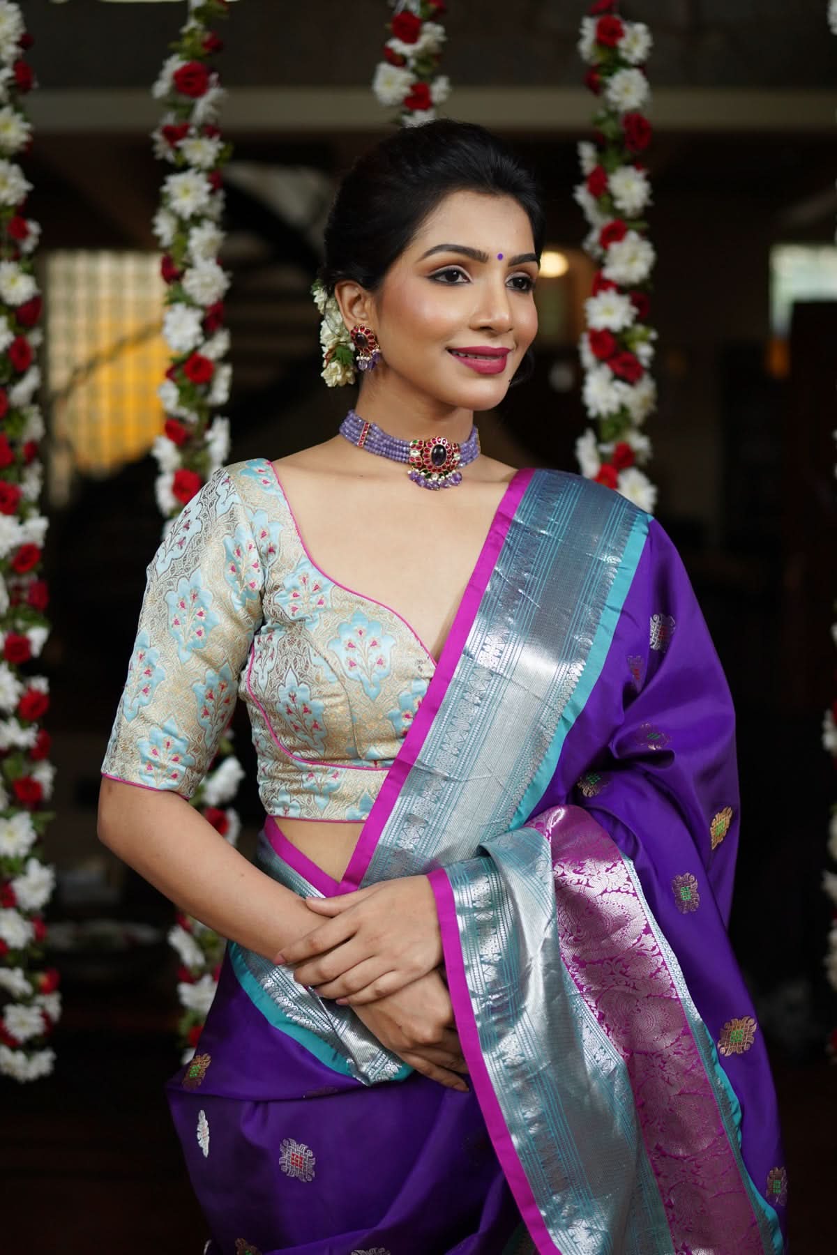 Heather Blue Meenakari Silk Blouse Mix and Match Blouse for saree, Made to Order | Shobitam