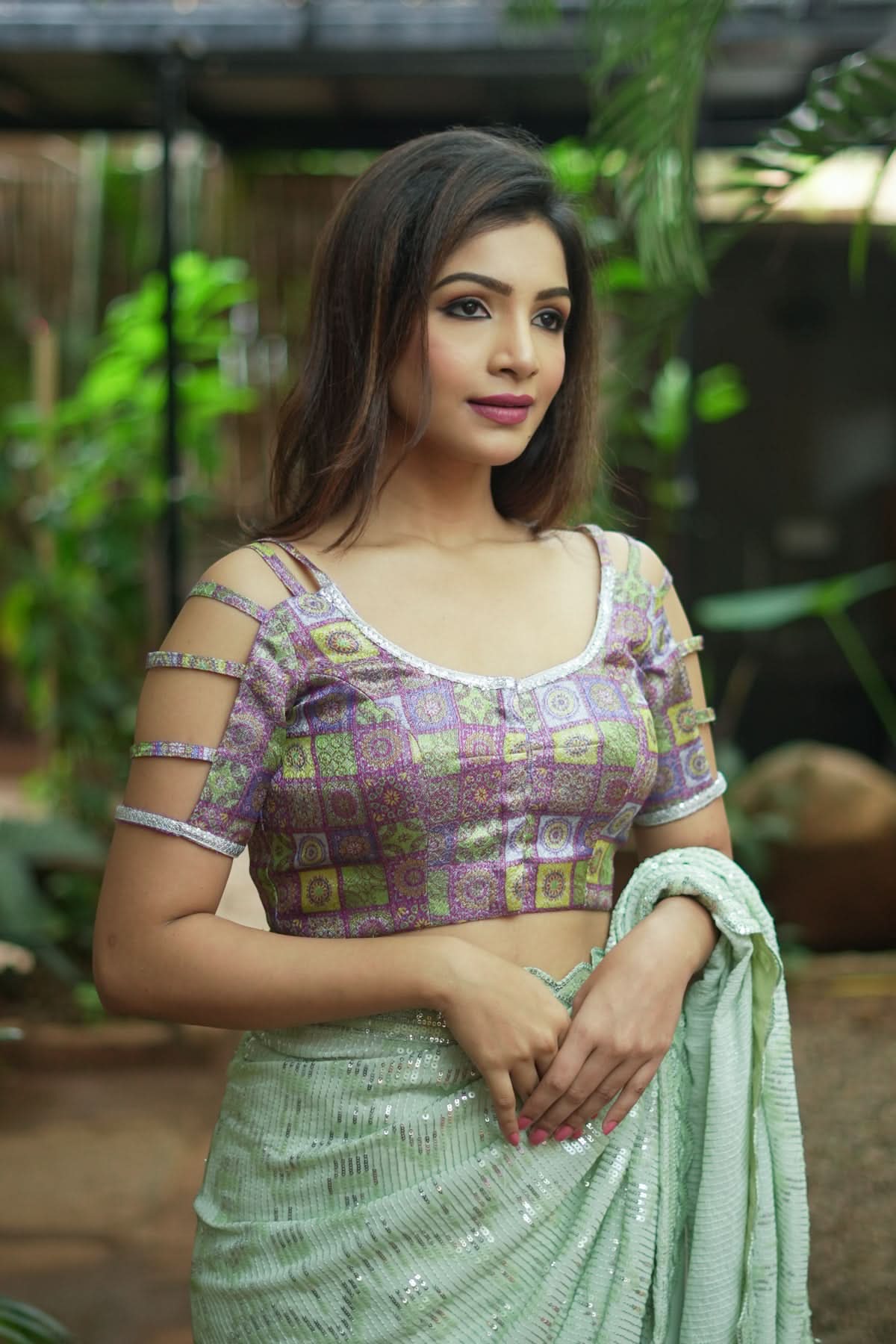 Multicolor Printed Blouse on Lavender Base with multi-strapped sleeves | Shobitam