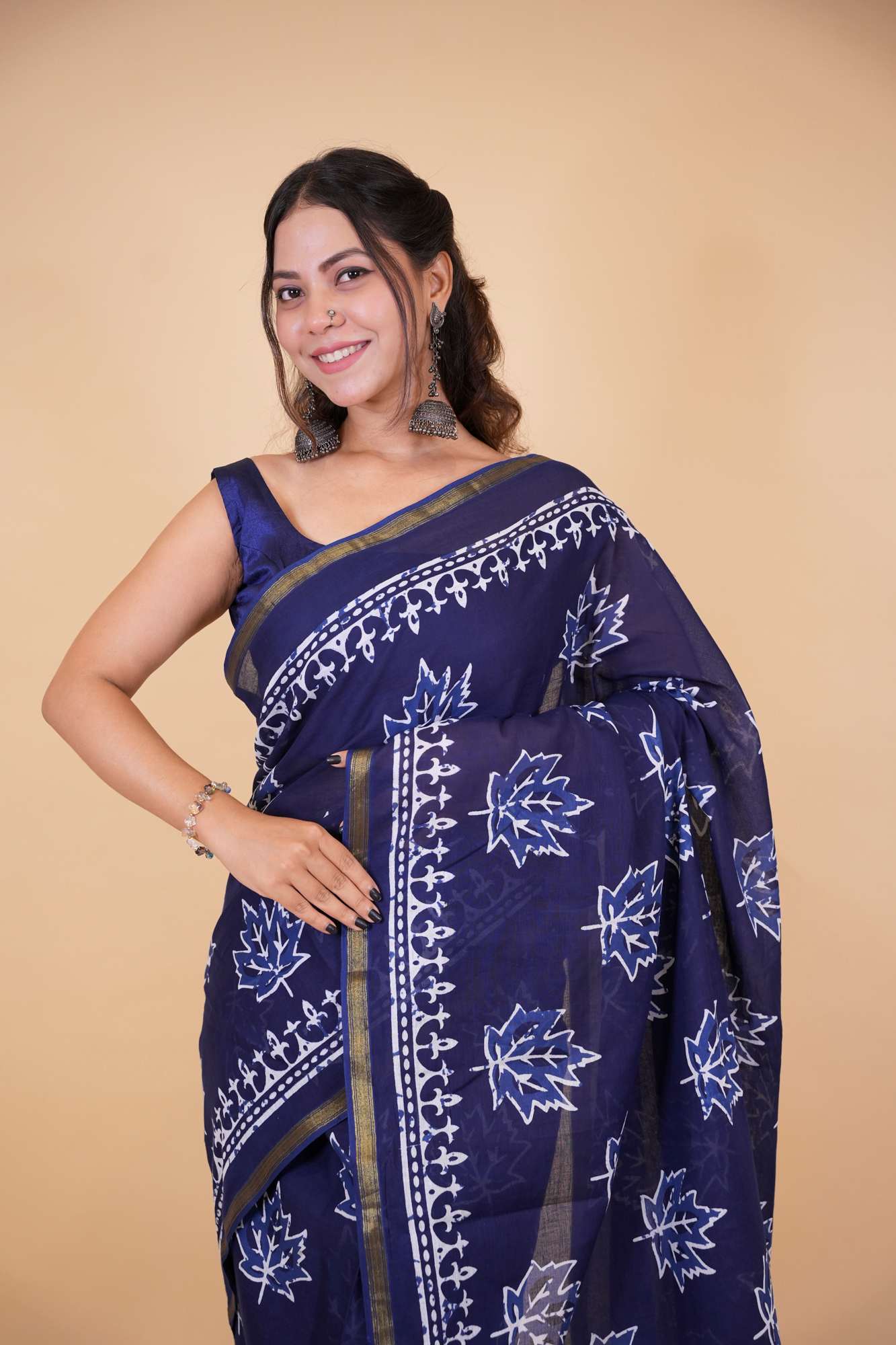 Cotton Vanaspati Ajrakh Printed with Elegant Zari Border Ready To Wear Saree