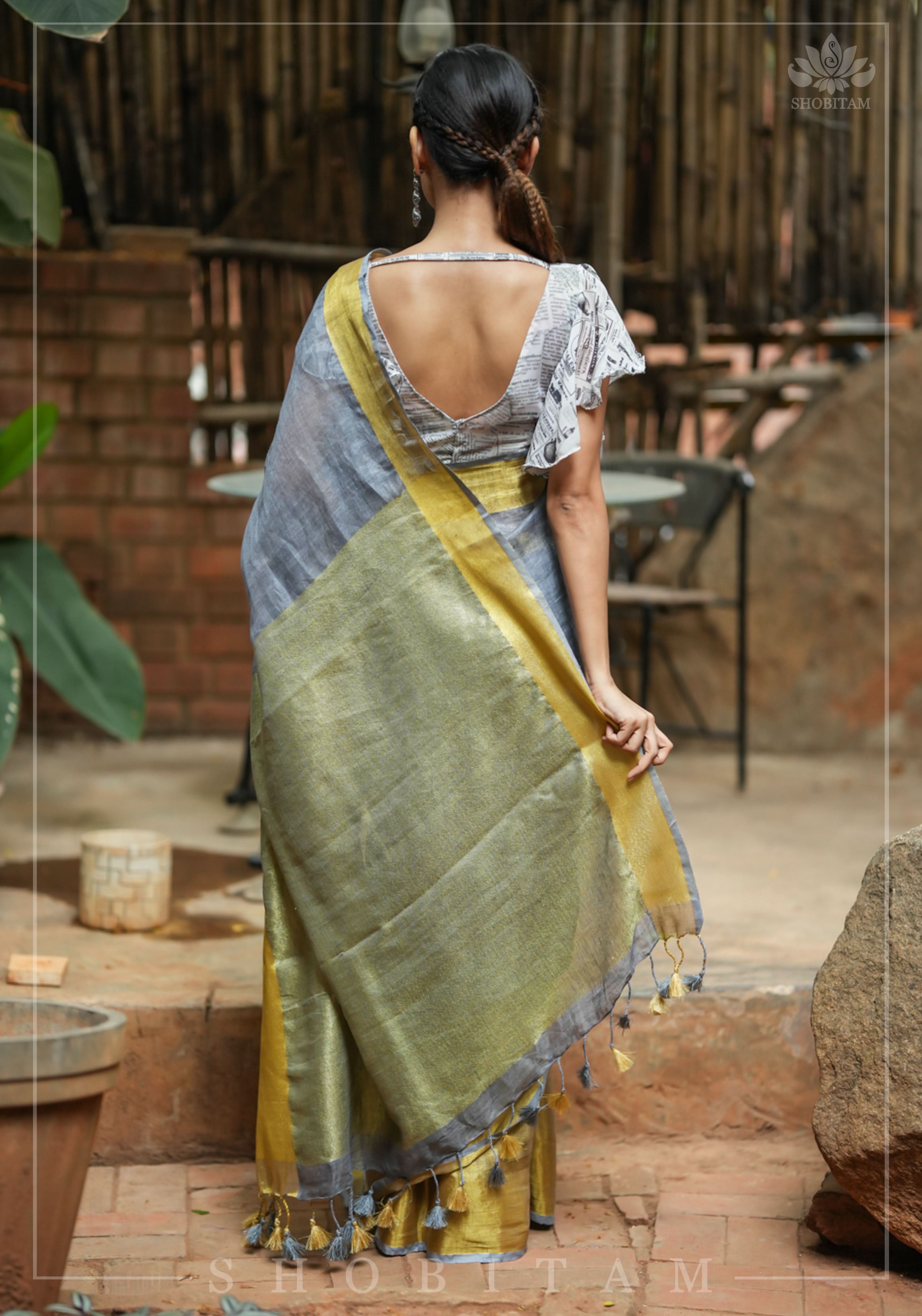 Gray Linen Saree with Wide Border | Shobitam