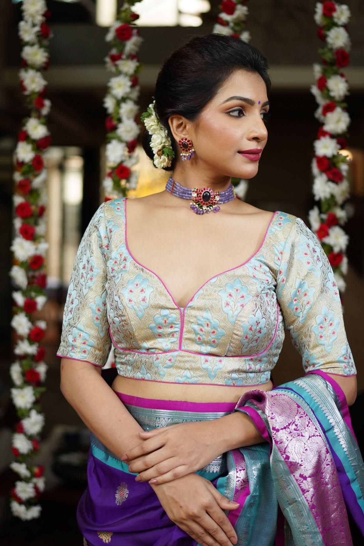 Heather Blue Meenakari Silk Blouse Mix and Match Blouse for saree, Made to Order | Shobitam