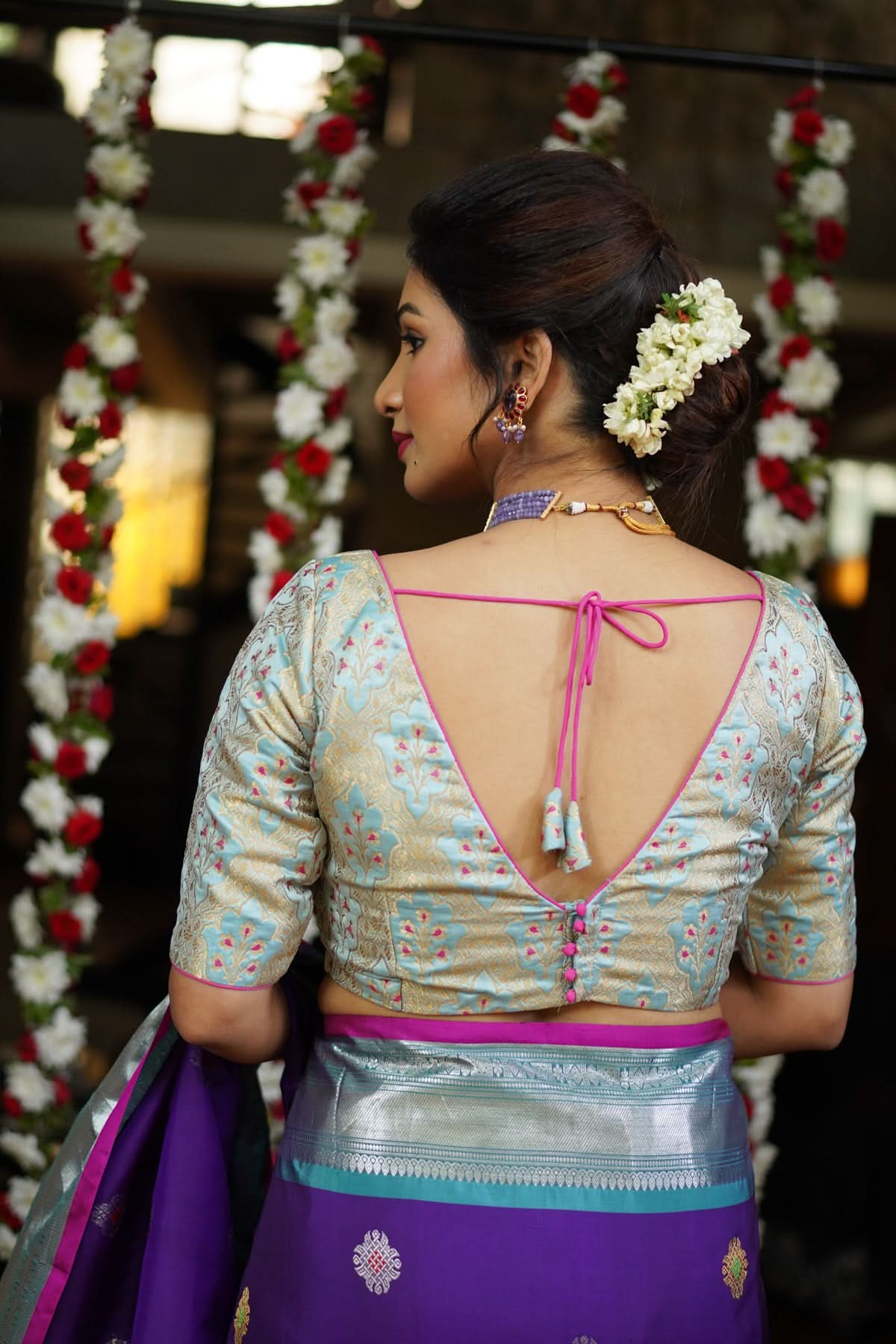 Heather Blue Meenakari Silk Blouse Mix and Match Blouse for saree, Made to Order | Shobitam