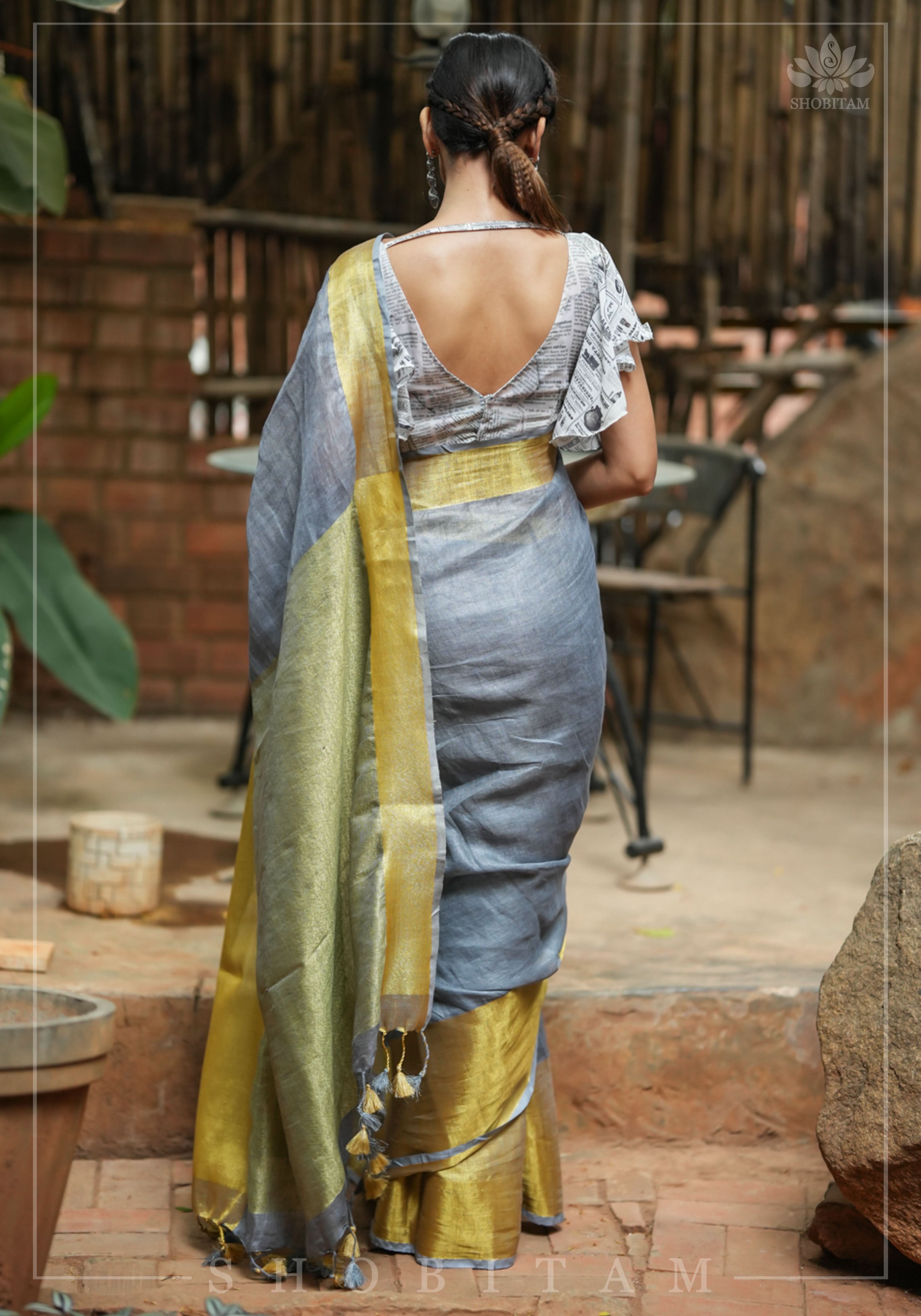 Gray Linen Saree with Wide Border | Shobitam