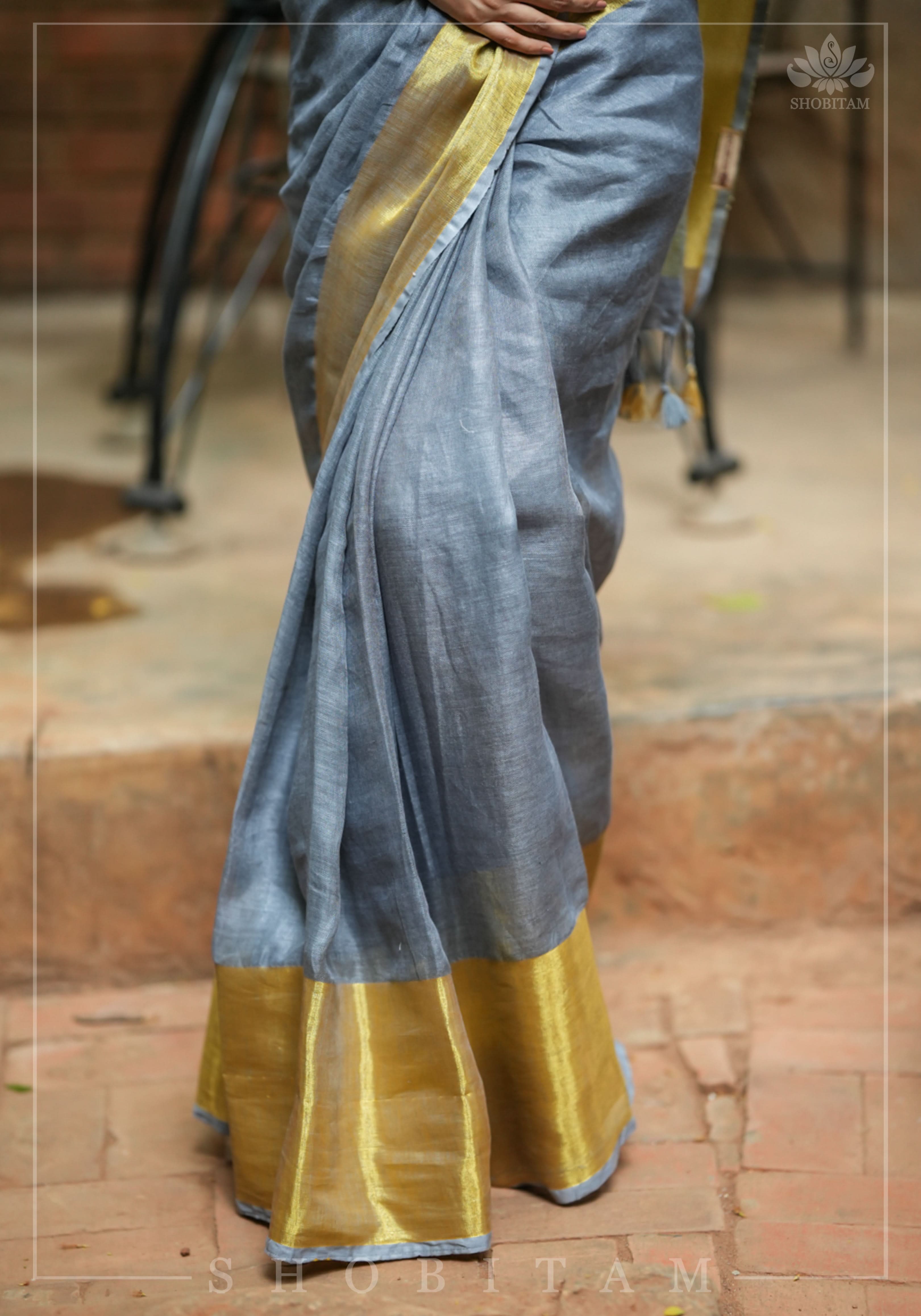 Gray Linen Saree with Wide Border | Shobitam