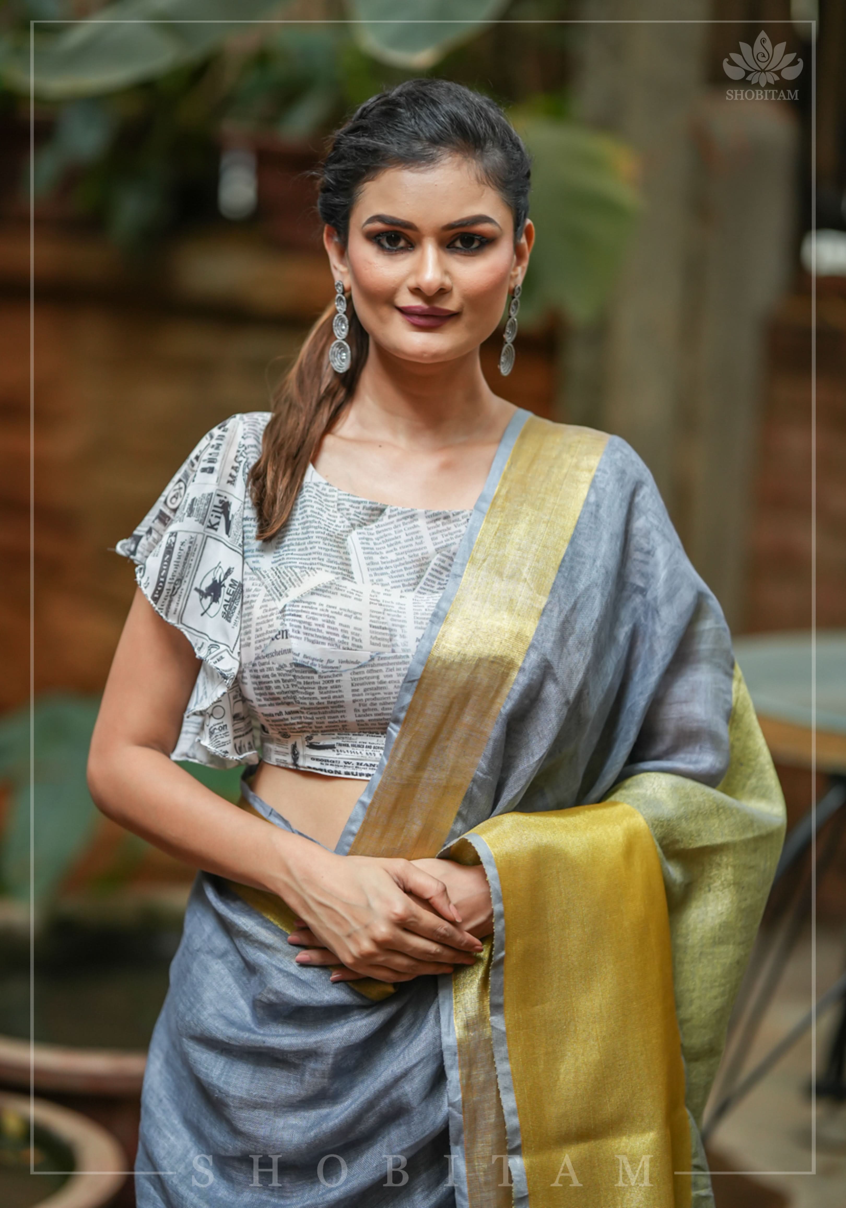 Newspaper Print Blouse with Ruffle Sleeves in Georgette! | Shobitam