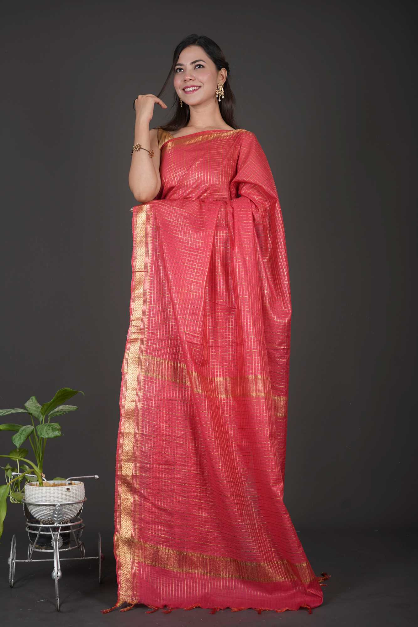 Bhagalpuri Silk With All Over Checks Weaving & Tassle on Pallu Ready To Wear Saree