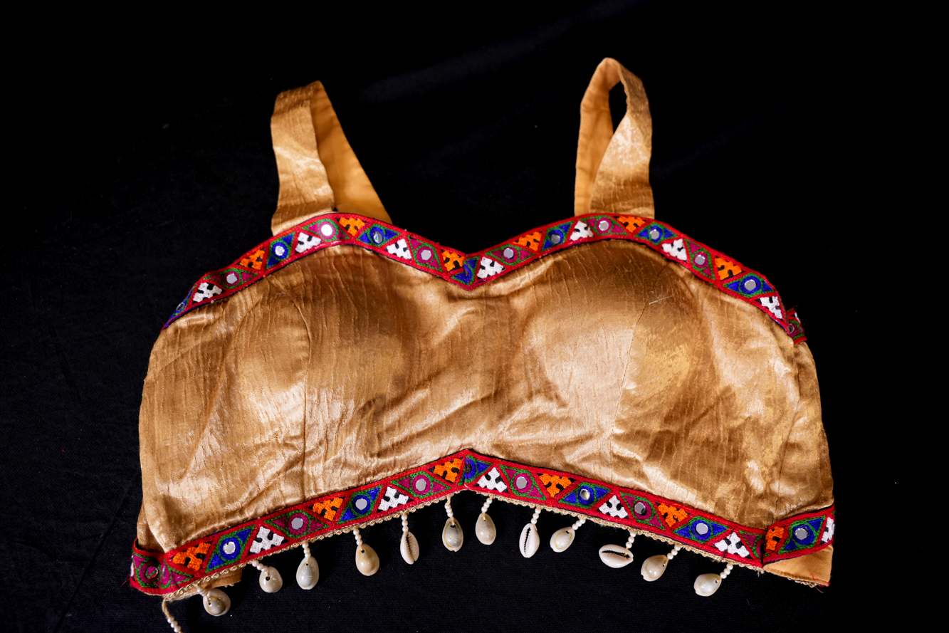 Stylish Navratri-Inspired Golden with Multicolor Embroidered Bordered & Kaudi At Bottom With Designer Blouse