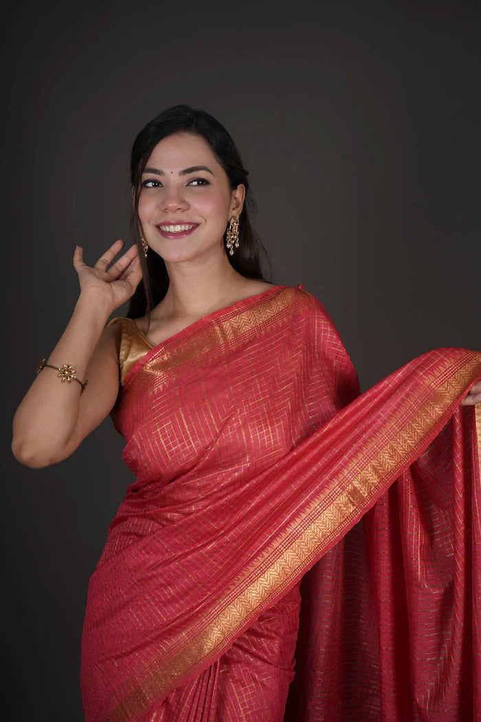 Red Bhagalpuri Silk with All Over Checks Weaving & Tassle on Pallu Ready To Wear Saree