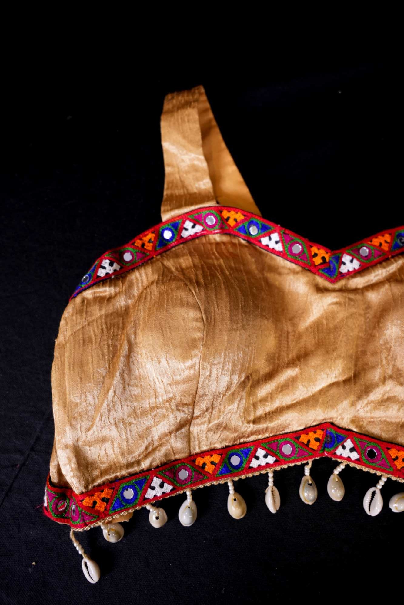 Stylish Navratri-Inspired Golden with Multicolor Embroidered Bordered & Kaudi At Bottom With Designer Blouse