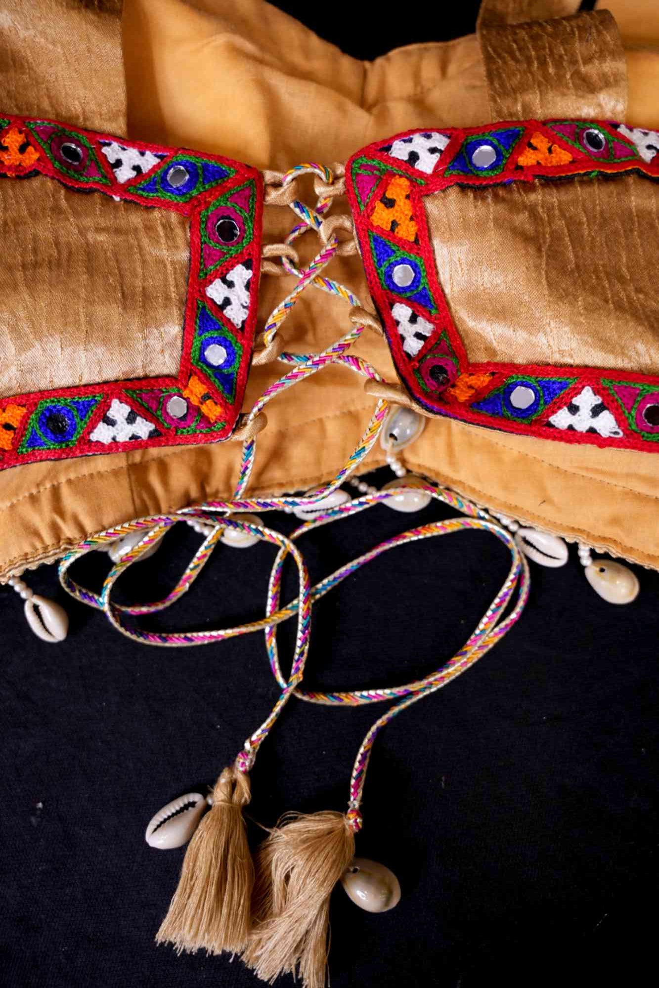 Stylish Navratri-Inspired Golden with Multicolor Embroidered Bordered & Kaudi At Bottom With Designer Blouse