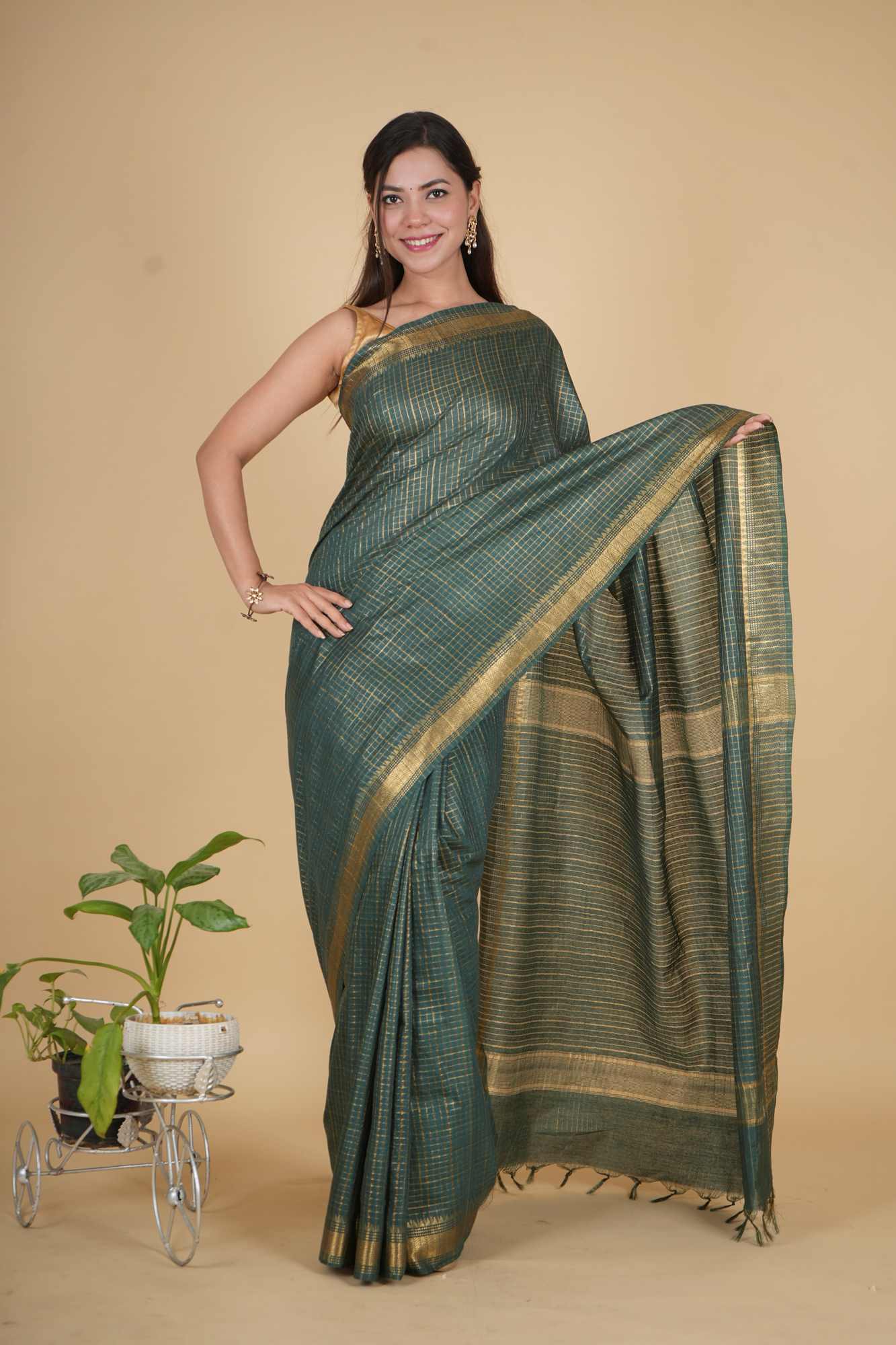 Bhagalpuri Silk With All Over zari Check woven & Tassle on Pallu ready to wear saree