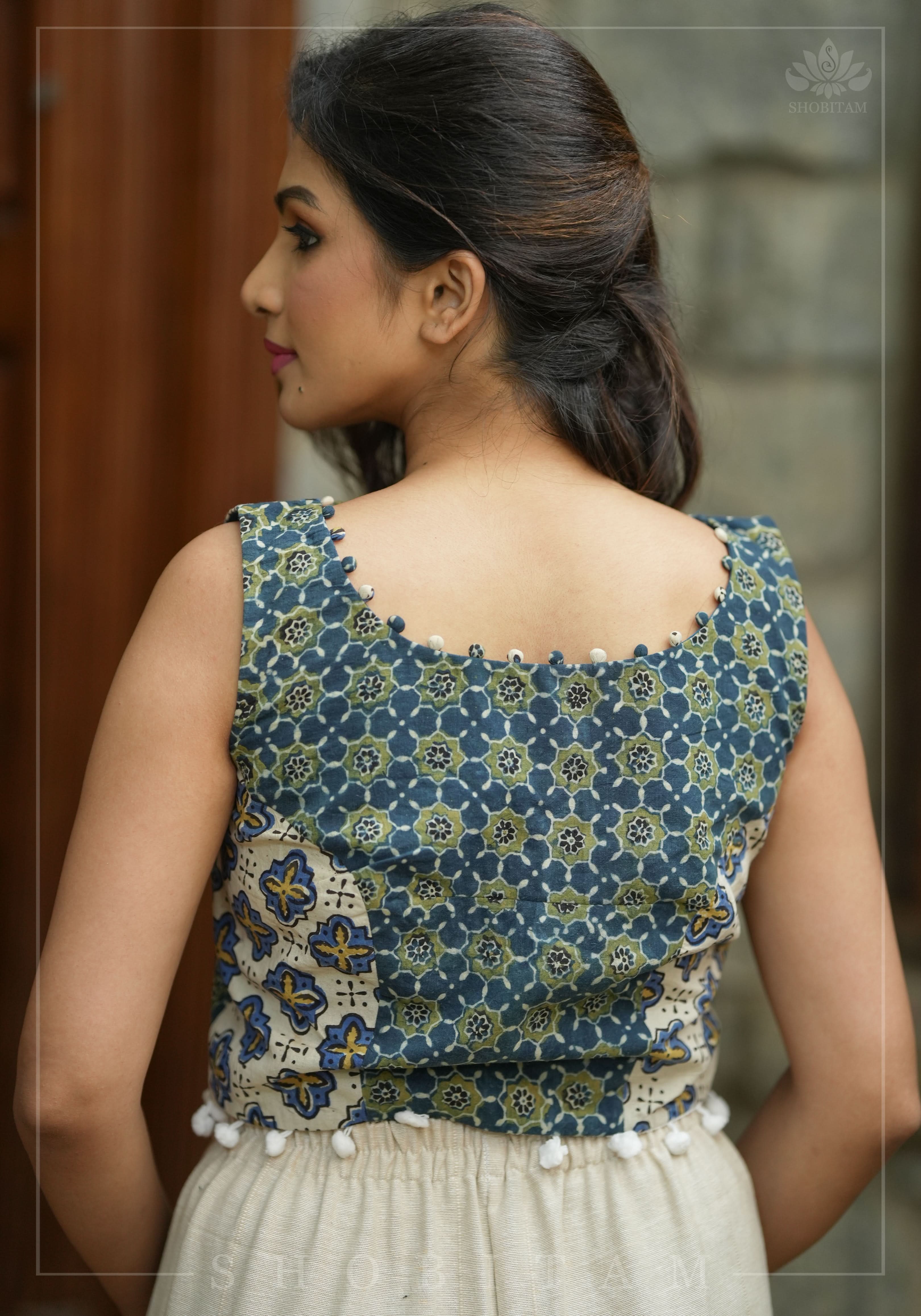 Indigo Crop Top with 2 fabric Hand Block Print on Pure Cotton with Pompom and potli button detailing | Shobitam