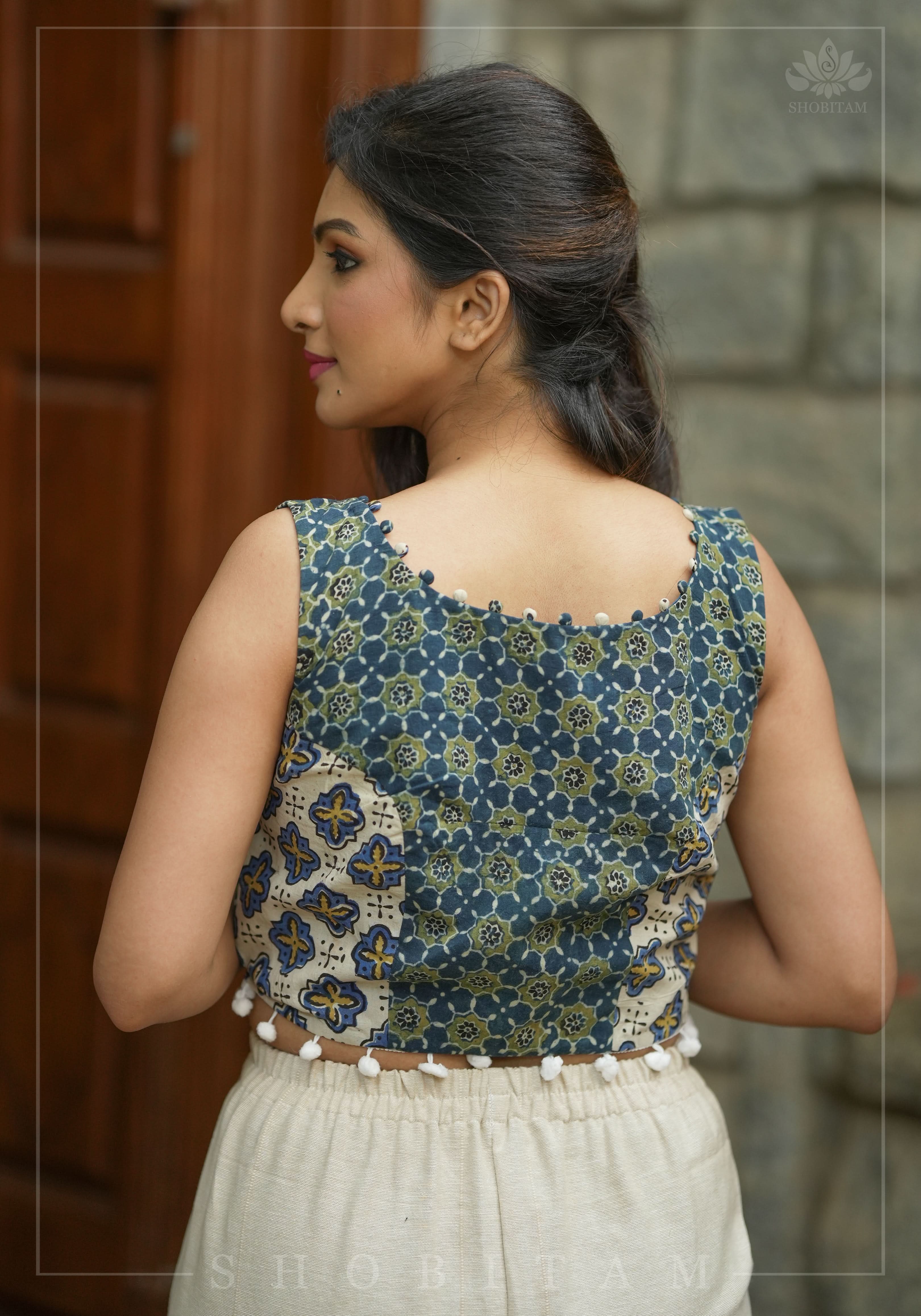 Indigo Crop Top with 2 fabric Hand Block Print on Pure Cotton with Pompom and potli button detailing | Shobitam