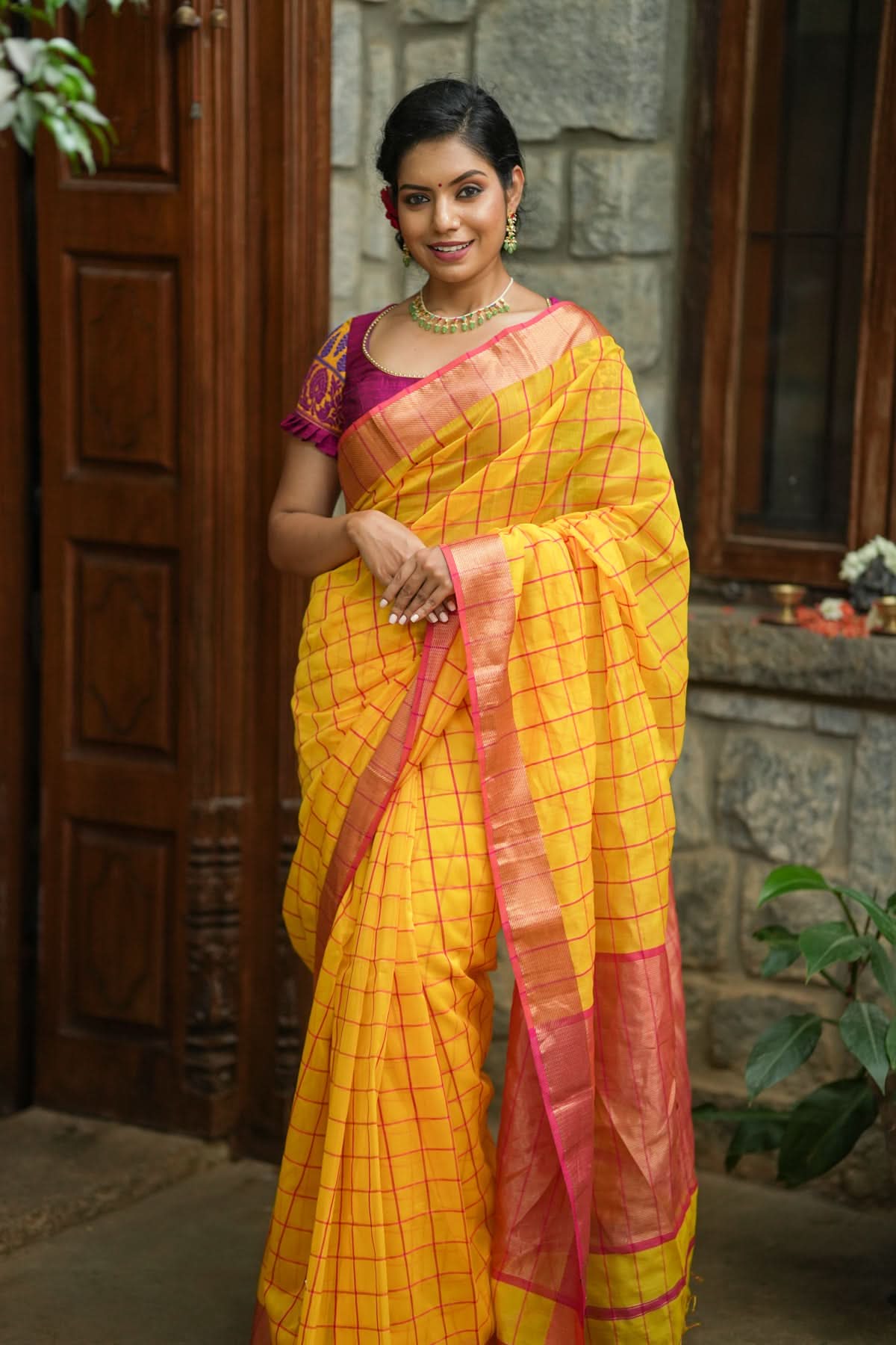 Handwoven Maheshwari Silk Cotton Saree in Yellow and Gold with checks | Shobitam