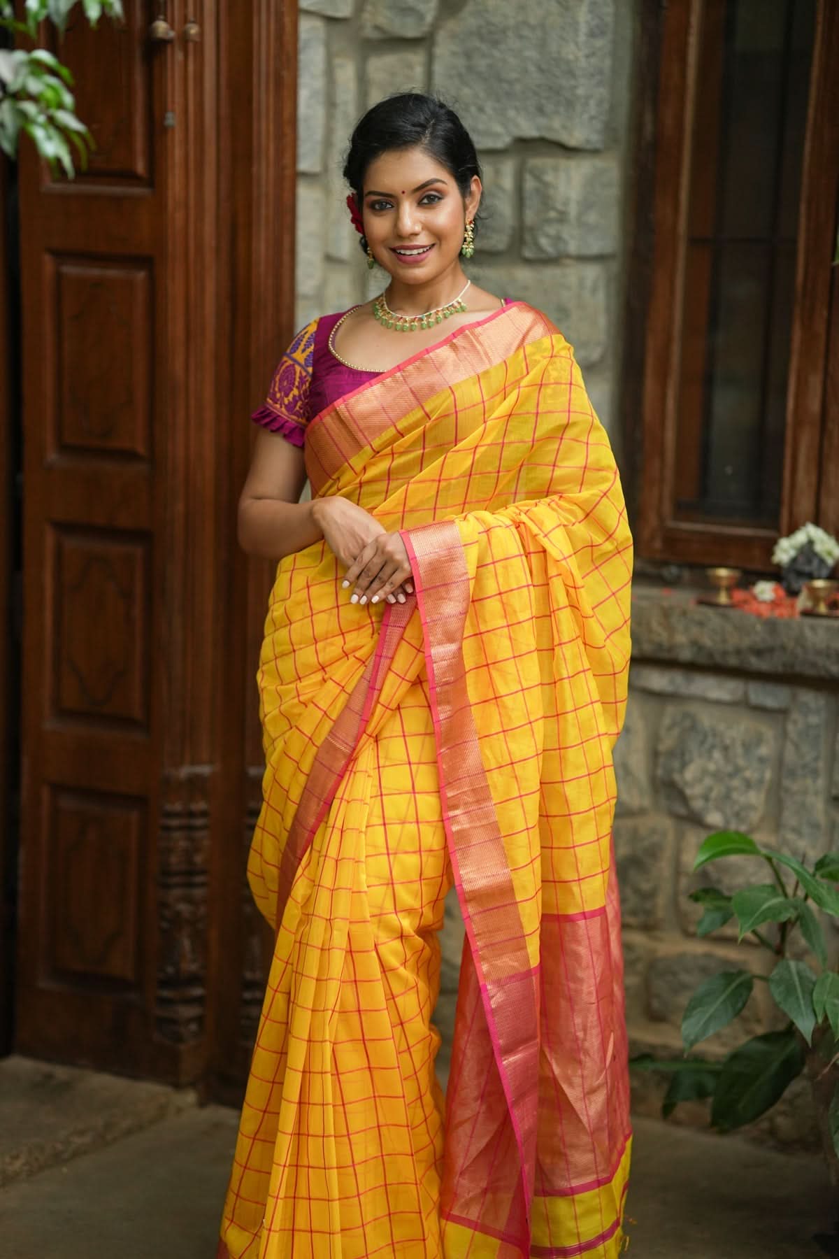 Handwoven Maheshwari Silk Cotton Saree in Yellow and Gold with checks | Shobitam
