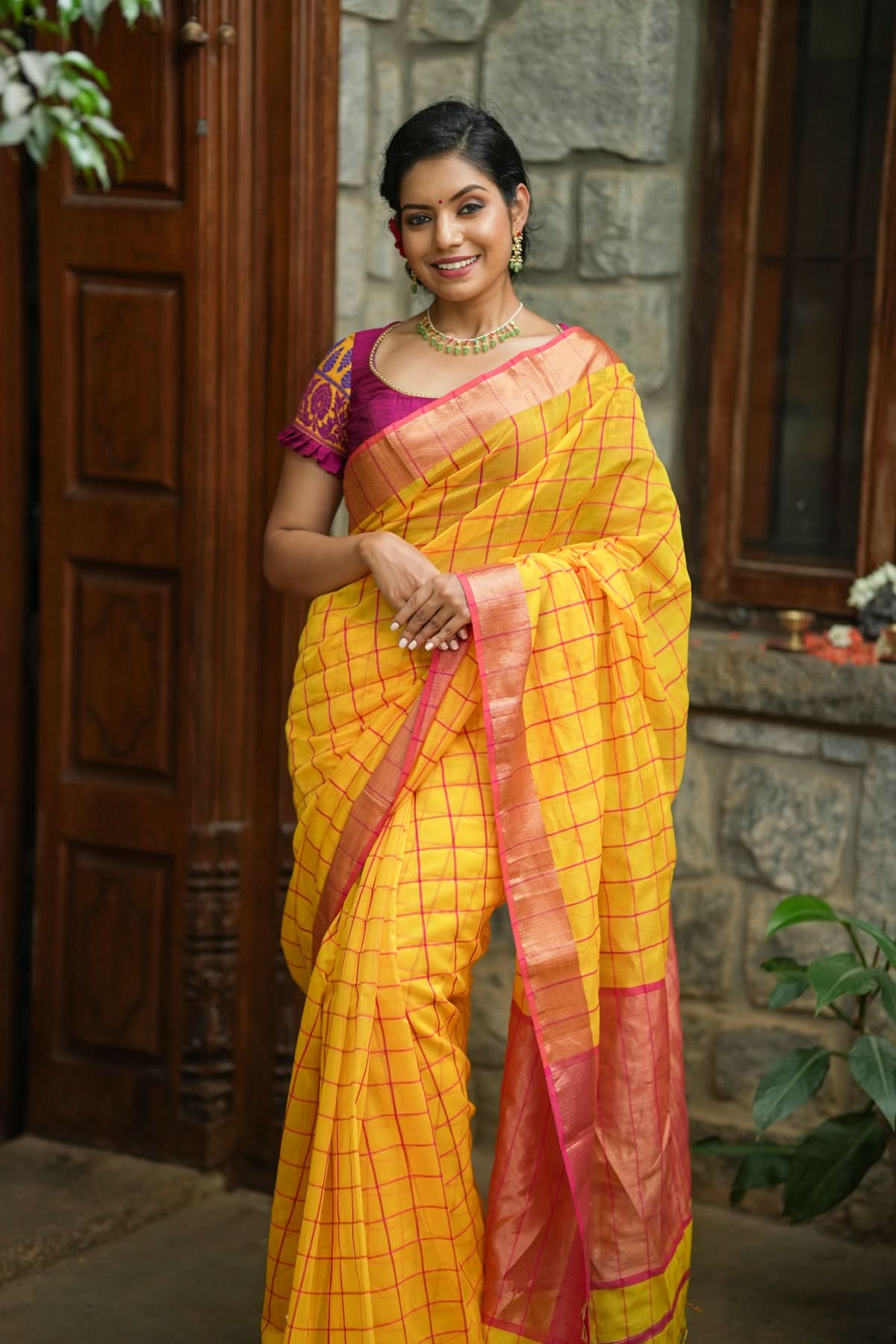 Handwoven Maheshwari Silk Cotton Saree in Yellow and Gold with checks | Shobitam