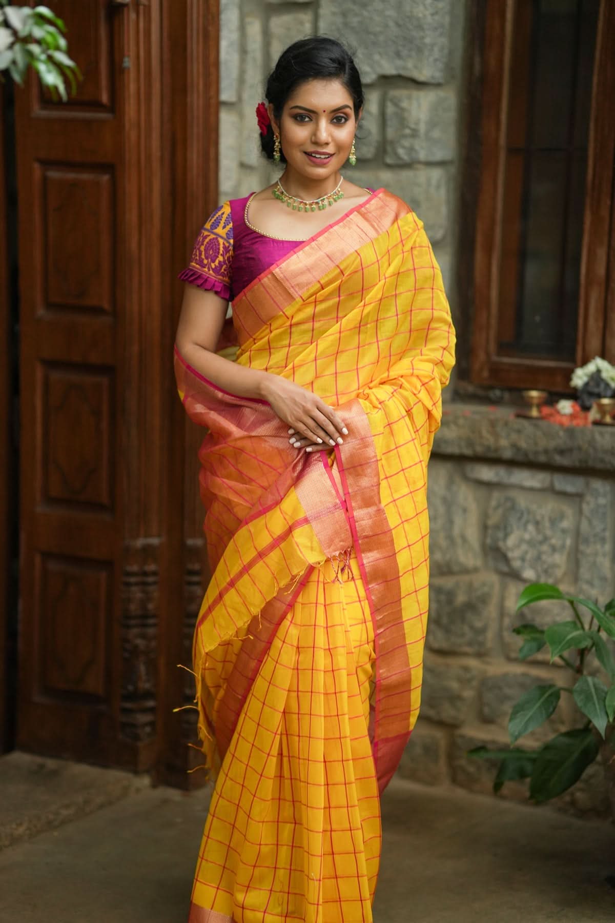 Handwoven Maheshwari Silk Cotton Saree in Yellow and Gold with checks | Shobitam