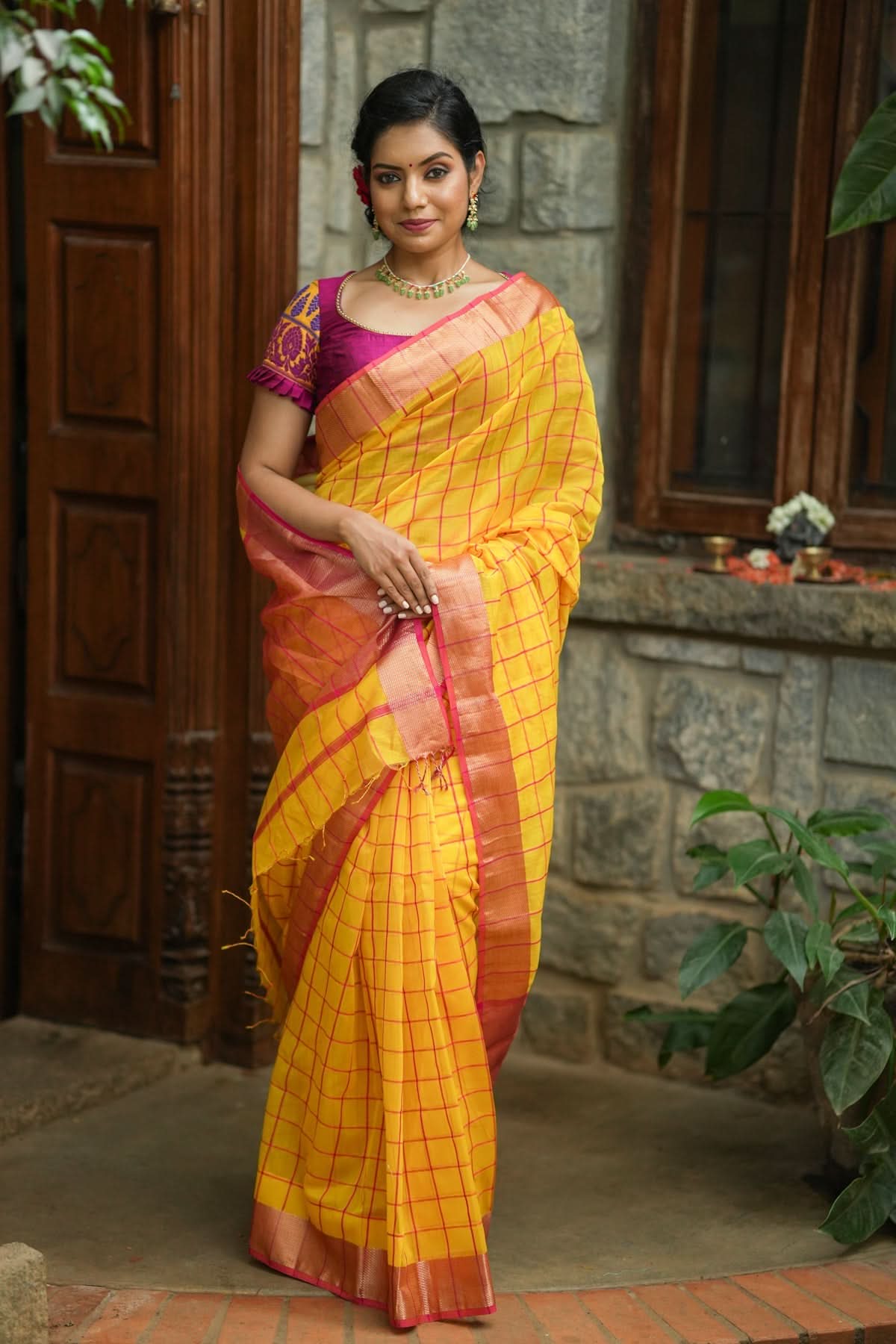 Handwoven Maheshwari Silk Cotton Saree in Yellow and Gold with checks | Shobitam