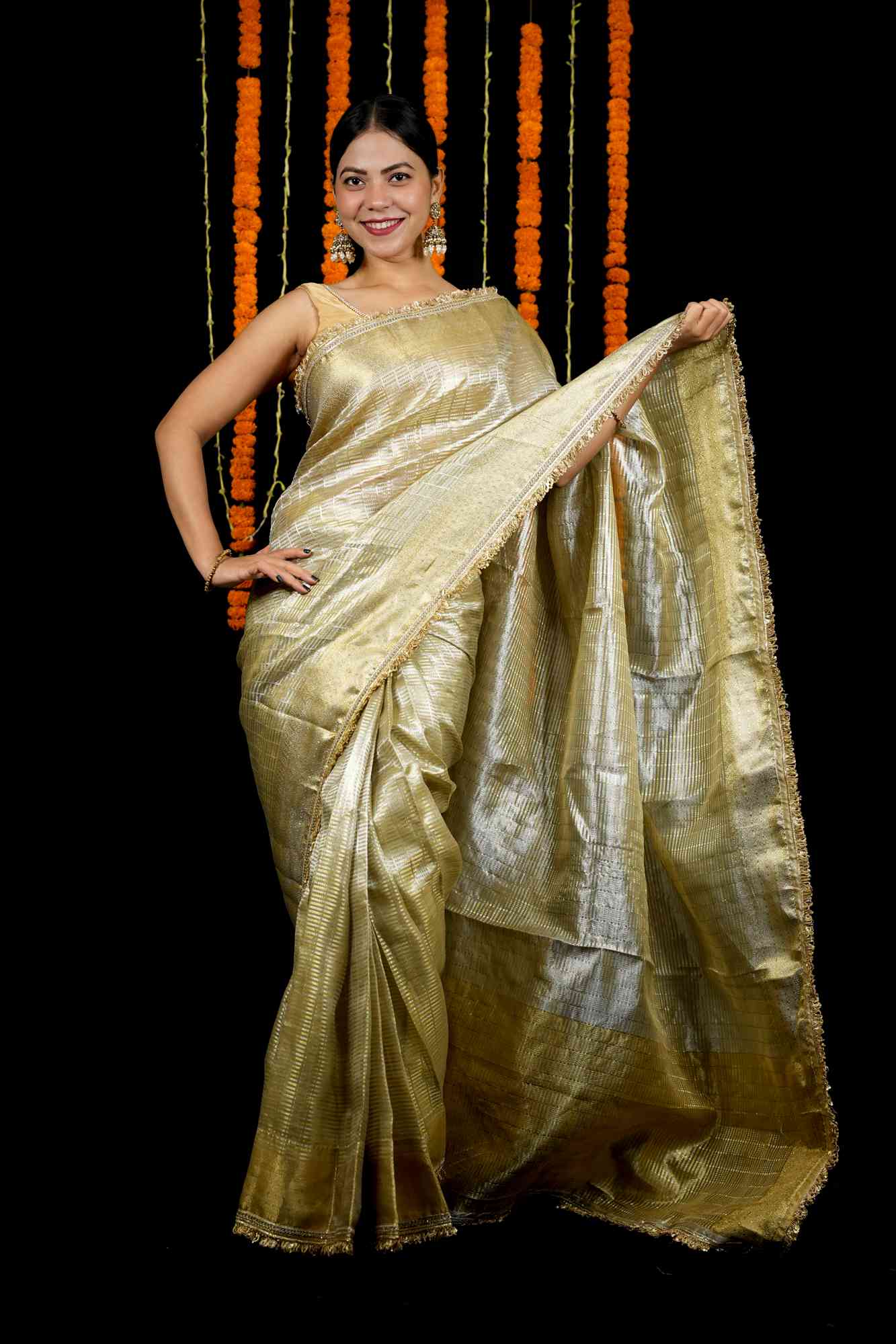 Golden Tissue with Textured Stripes & Sequin-Fringe Border Ready To Wear Saree