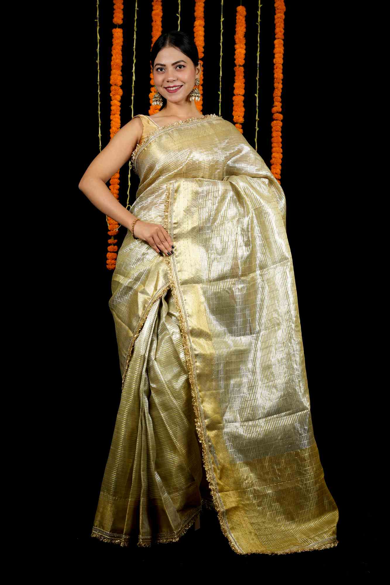 Golden Tissue with Textured Stripes & Sequin-Fringe Border Ready To Wear Saree