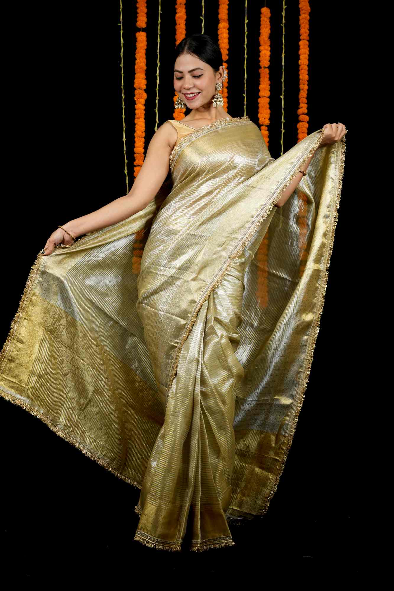 Golden Tissue with Textured Stripes & Sequin-Fringe Border Ready To Wear Saree