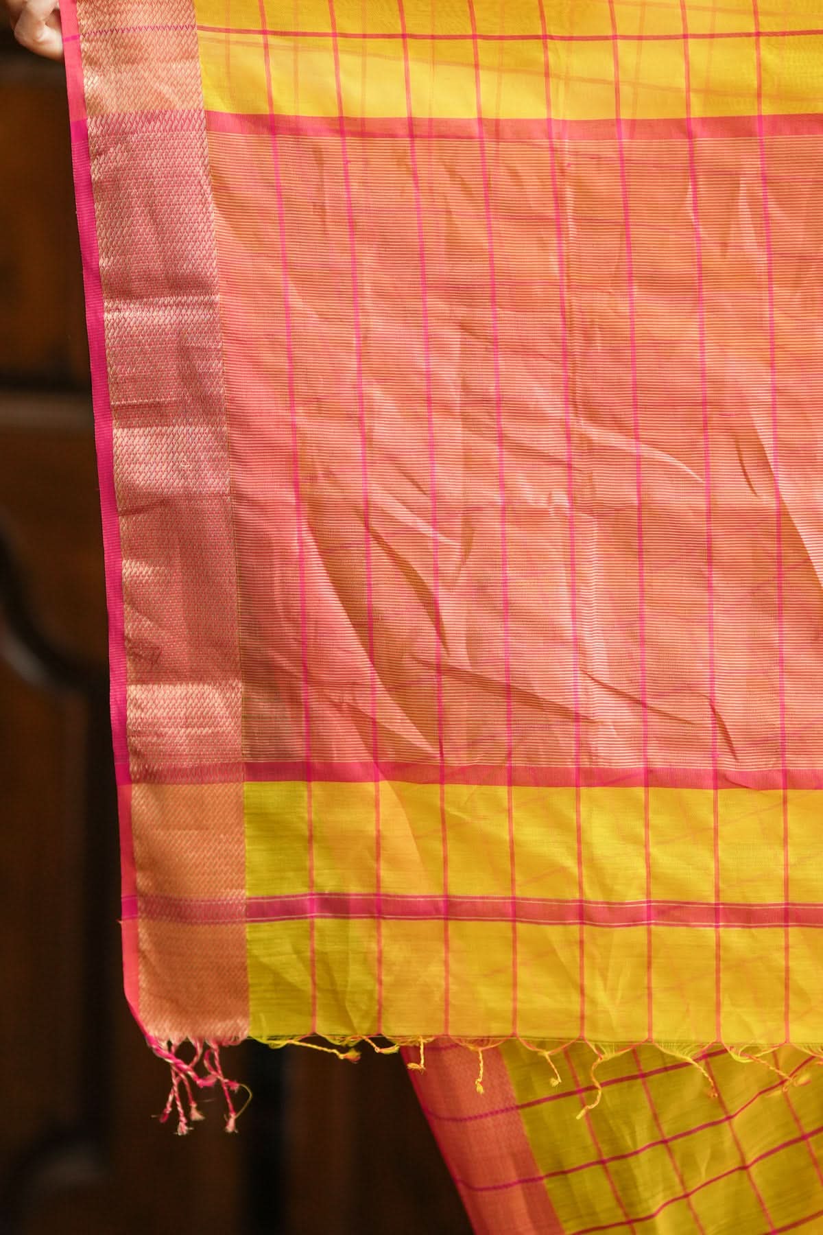Handwoven Maheshwari Silk Cotton Saree in Yellow and Gold with checks | Shobitam