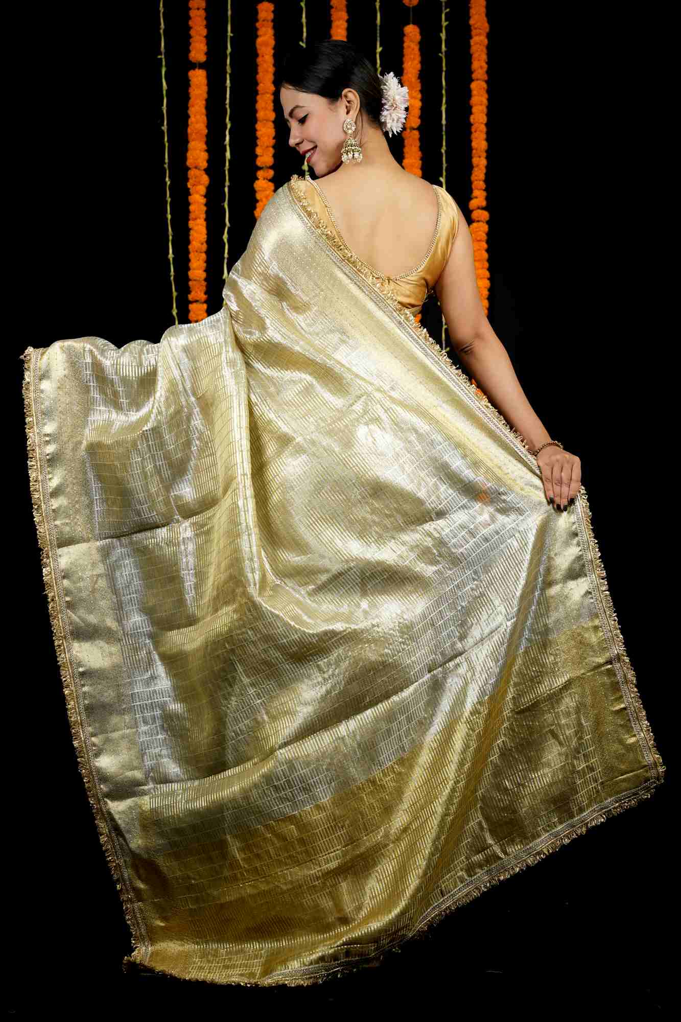 Golden Tissue with Textured Stripes & Sequin-Fringe Border Ready To Wear Saree
