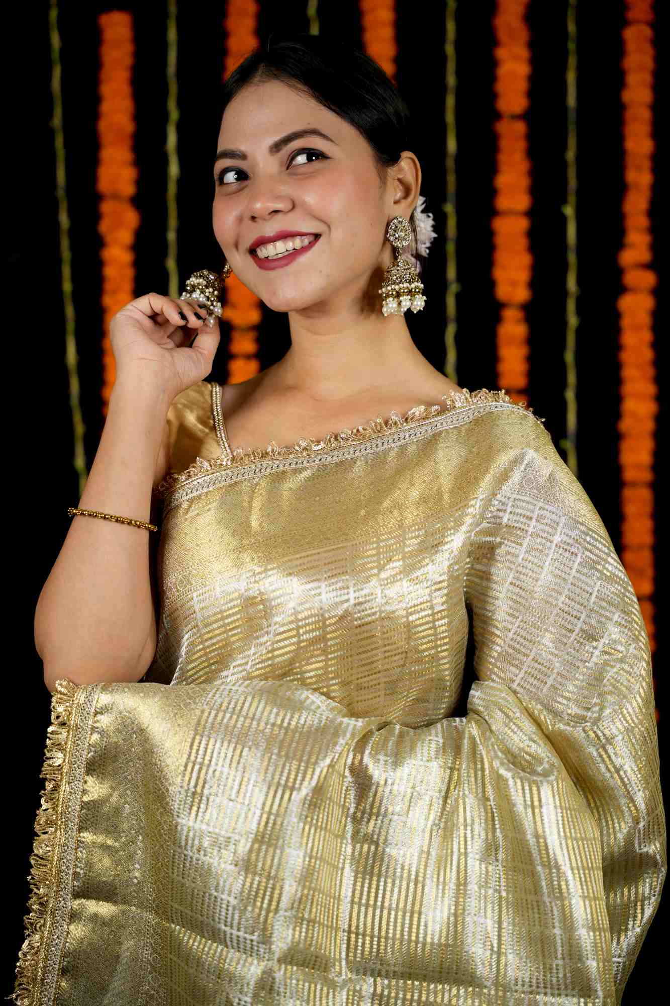 Golden Tissue with Textured Stripes & Sequin-Fringe Border Ready To Wear Saree