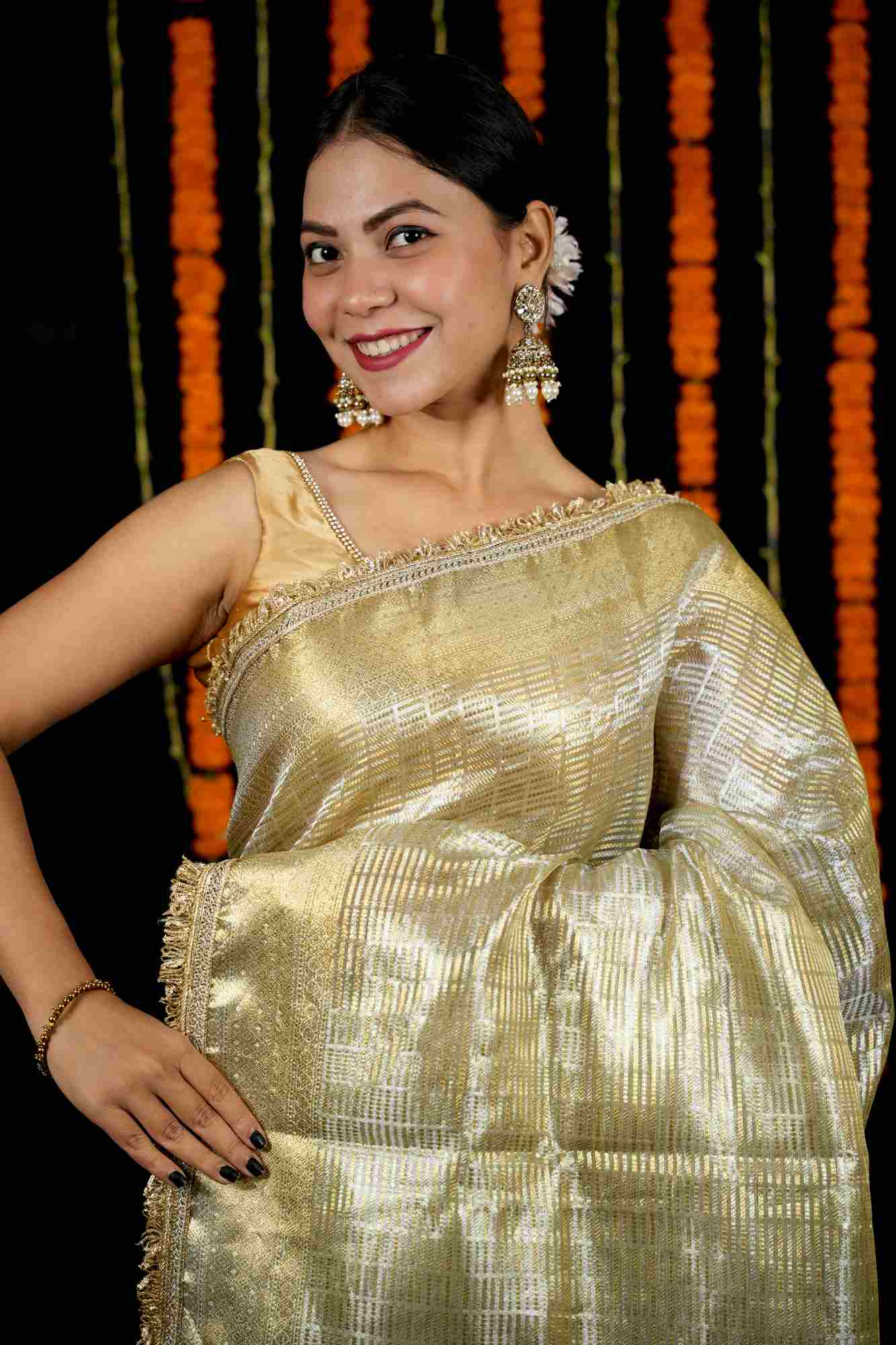 Golden Tissue with Textured Stripes & Sequin-Fringe Border Ready To Wear Saree