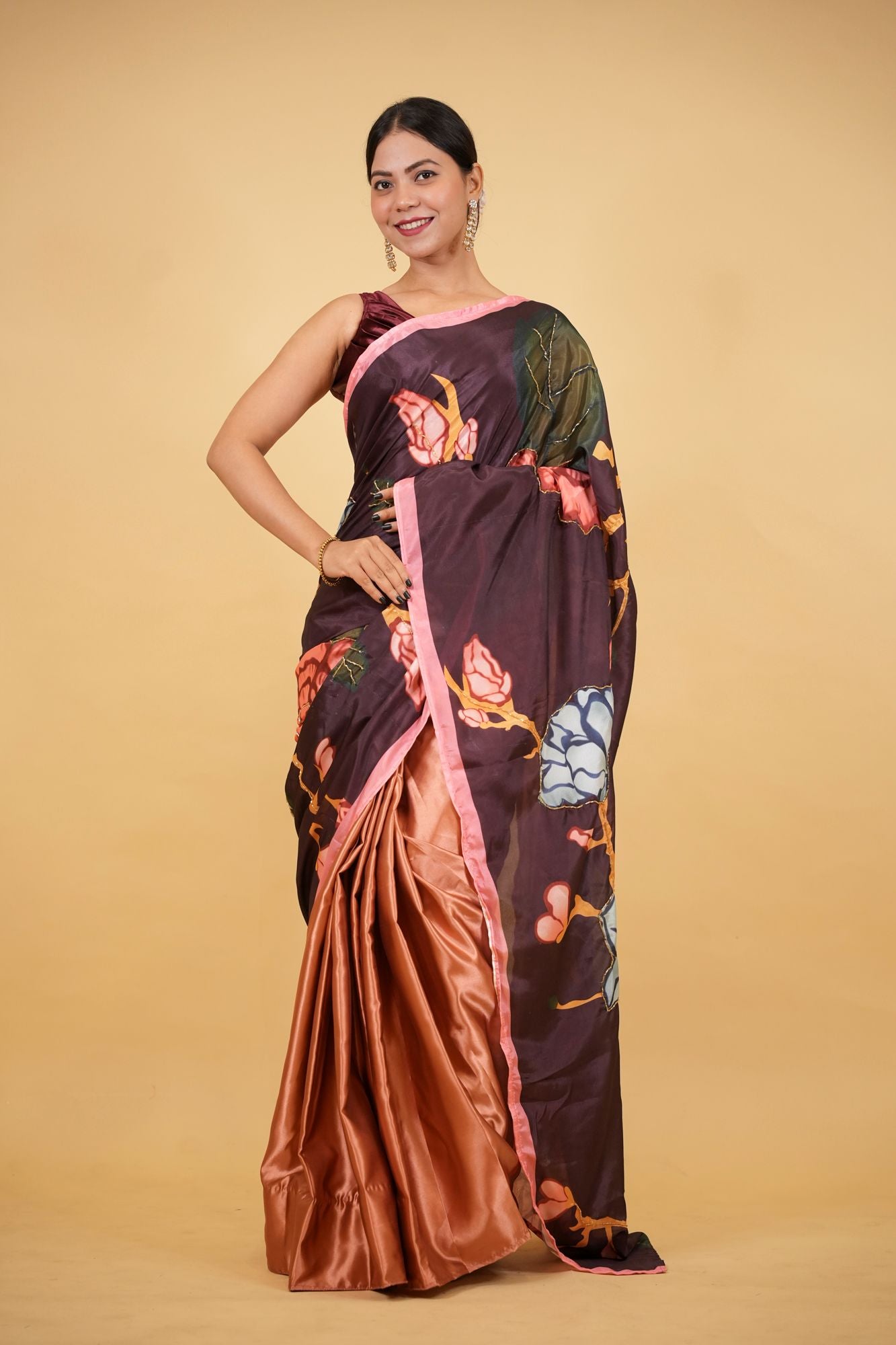 Luxurious Satin Hand Embroidered Bead Kalamkari with Floral Print & Pearl & Bead Palla Wrap in 1 minute saree