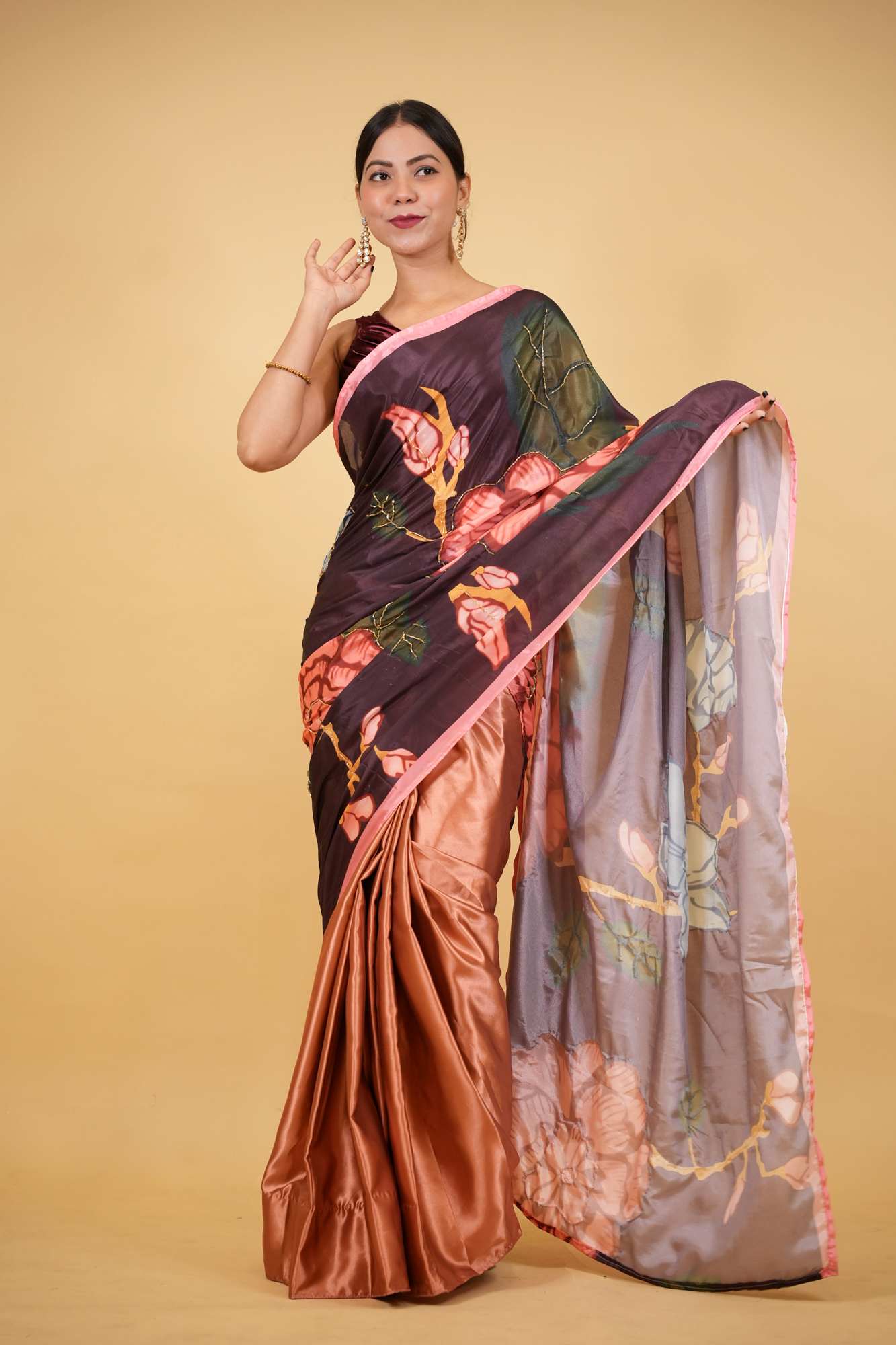 Luxurious Satin Hand Embroidered Bead Kalamkari with Floral Print & Pearl & Bead Palla Wrap in 1 minute saree