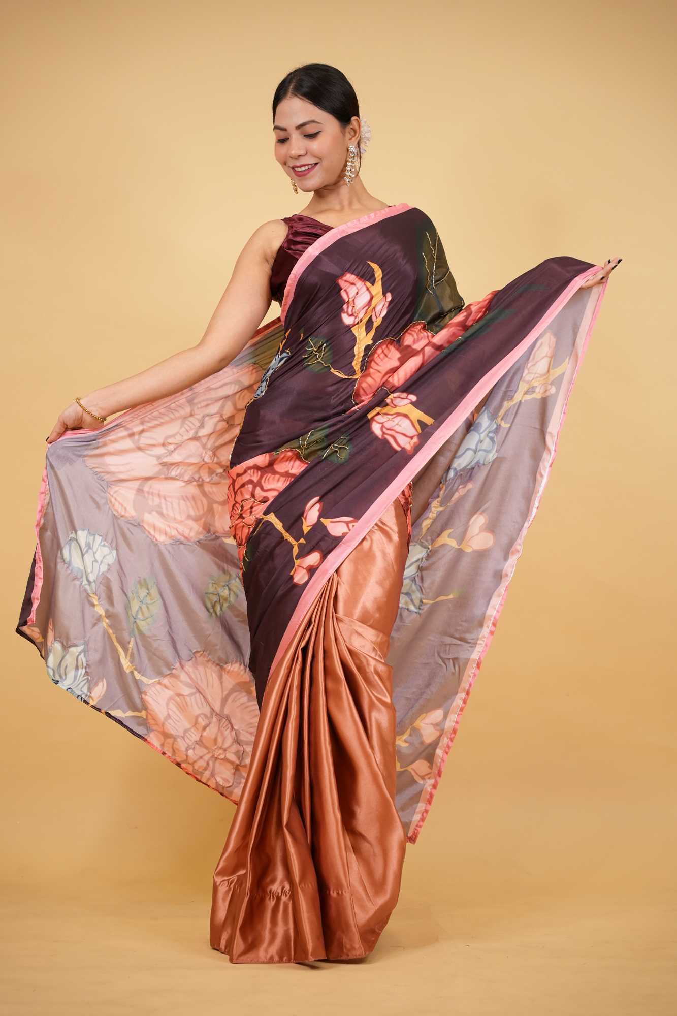 Luxurious Satin Hand Embroidered Bead Kalamkari with Floral Print & Pearl & Bead Palla Wrap in 1 minute saree