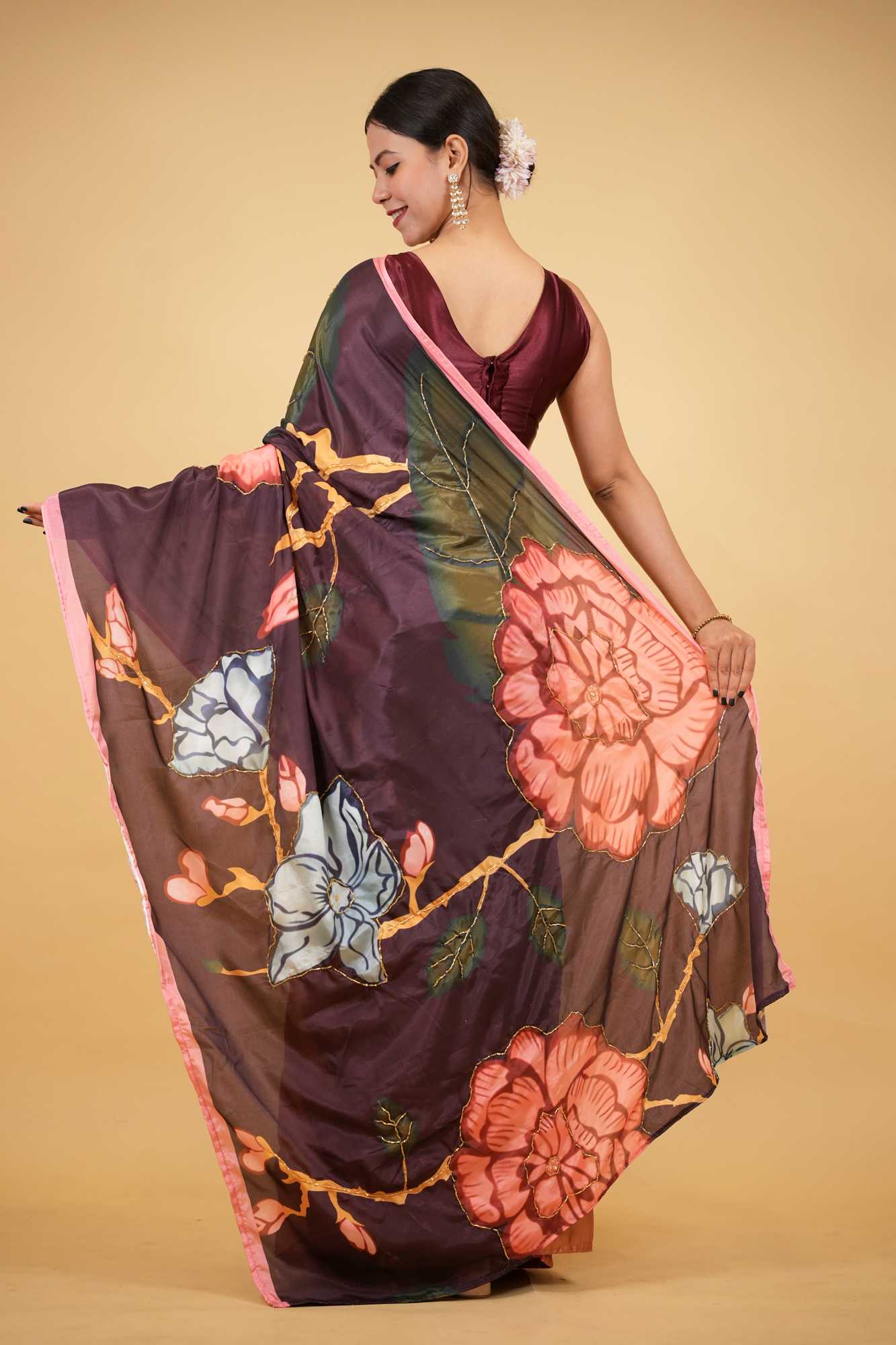 Luxurious Satin Hand Embroidered Bead Kalamkari with Floral Print & Pearl & Bead Palla Wrap in 1 minute saree