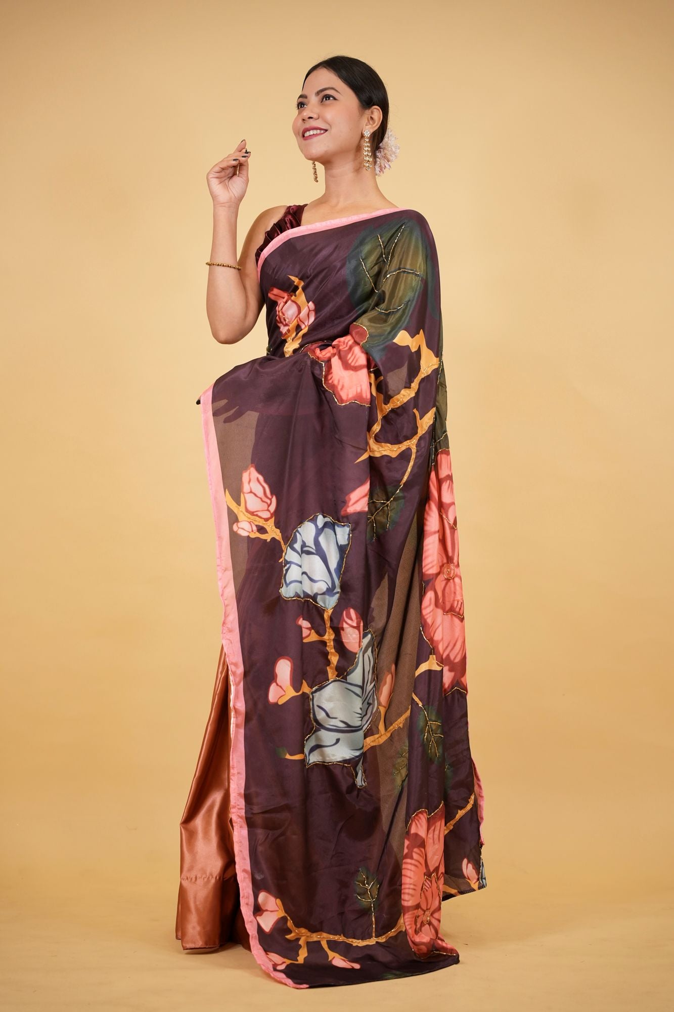 Luxurious Satin Hand Embroidered Bead Kalamkari with Floral Print & Pearl & Bead Palla Wrap in 1 minute saree