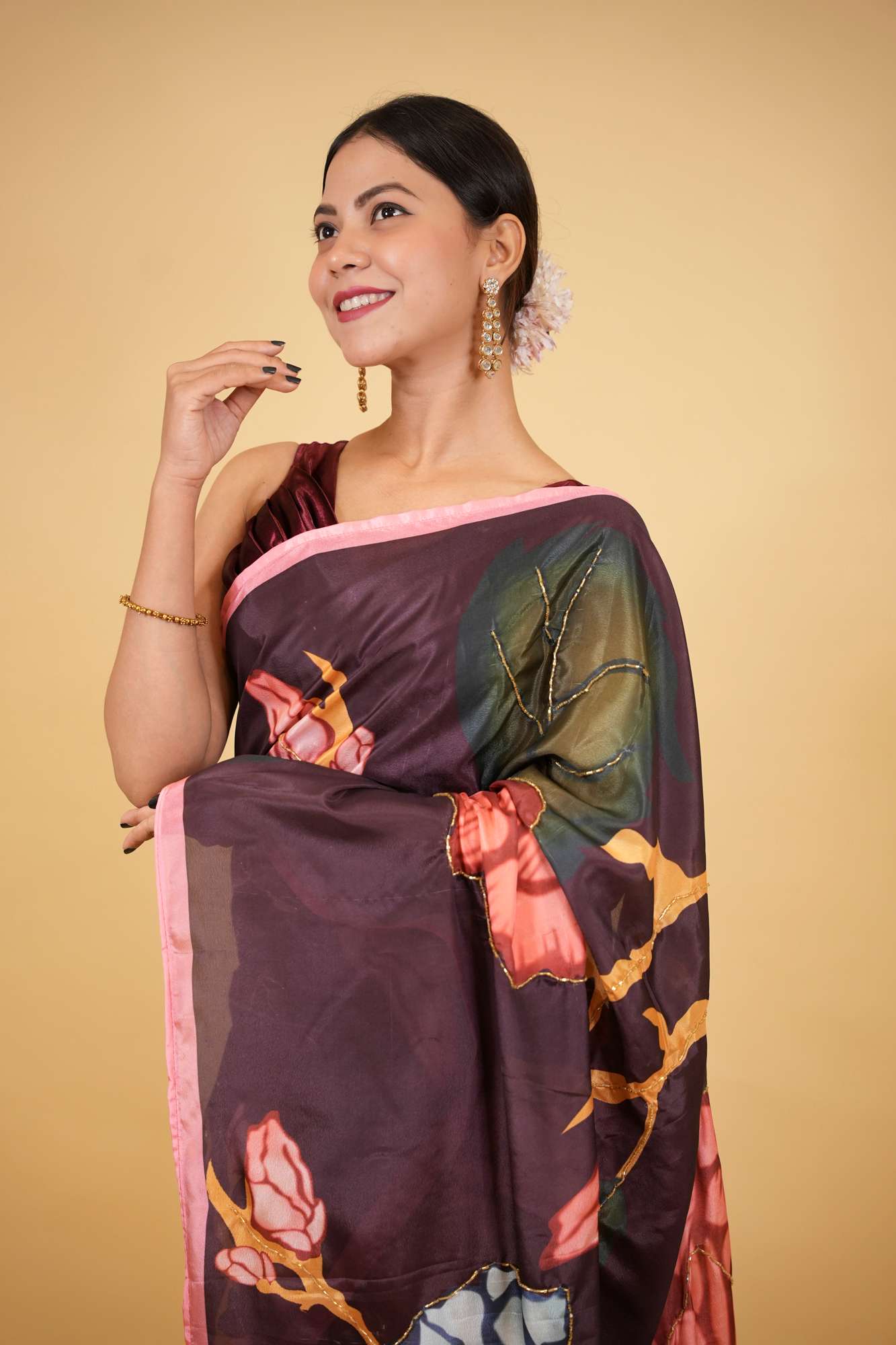 Luxurious Satin Hand Embroidered Bead Kalamkari with Floral Print & Pearl & Bead Palla Wrap in 1 minute saree