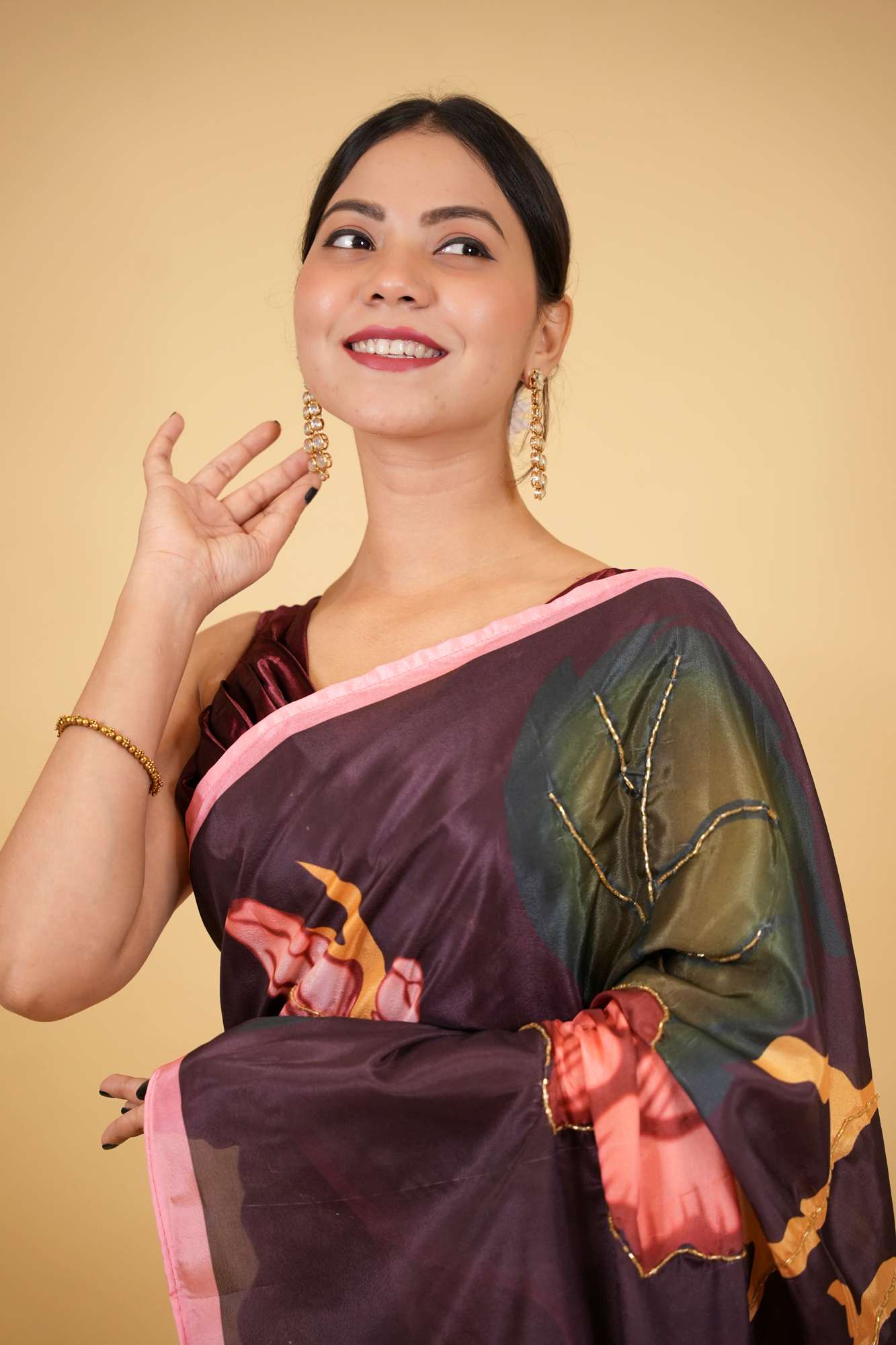 Luxurious Satin Hand Embroidered Bead Kalamkari with Floral Print & Pearl & Bead Palla Wrap in 1 minute saree