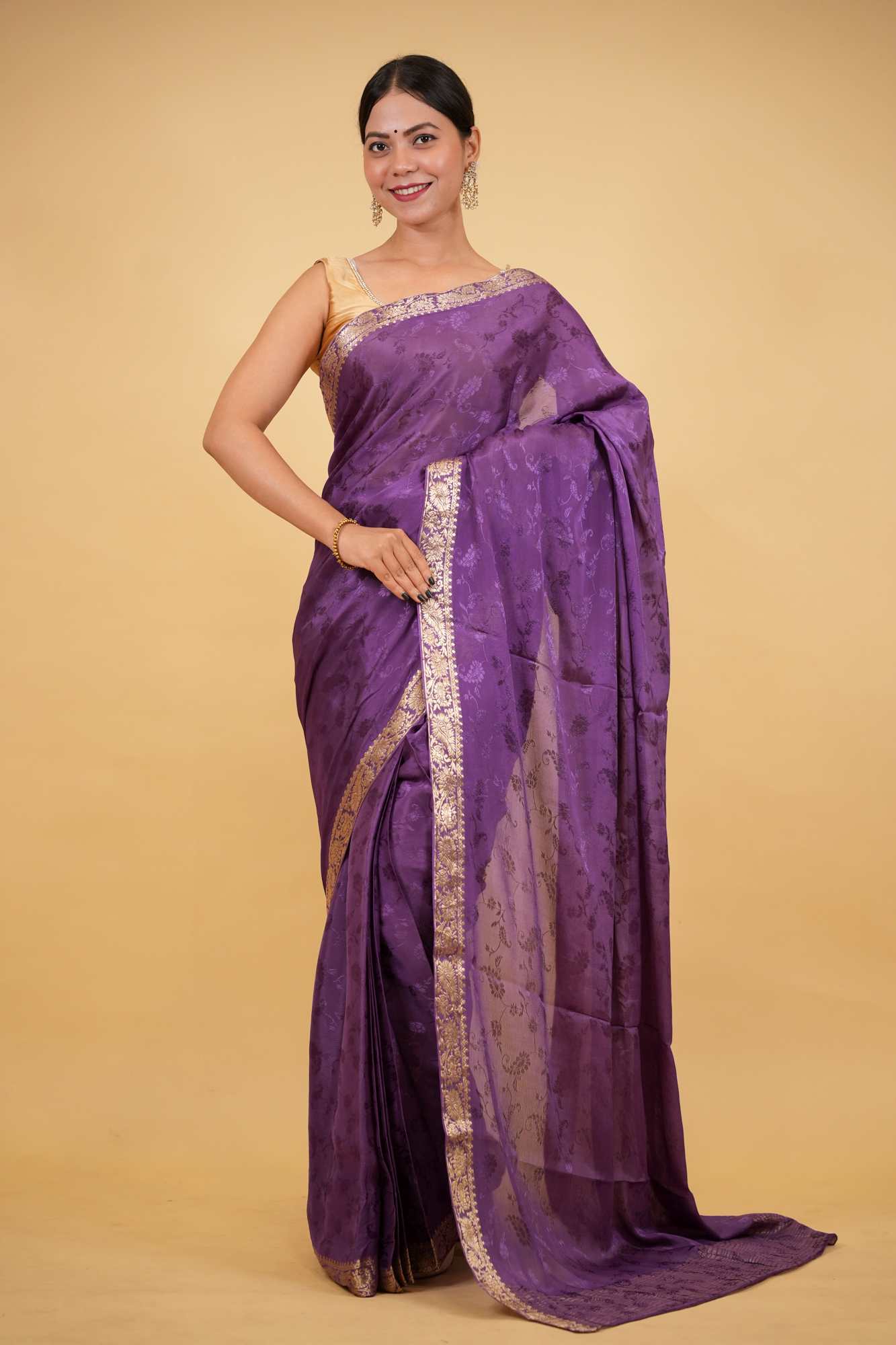 Royal Purple Viscose Chinon with Elegant All-Over Weaving Pattern Ready To Wear Saree