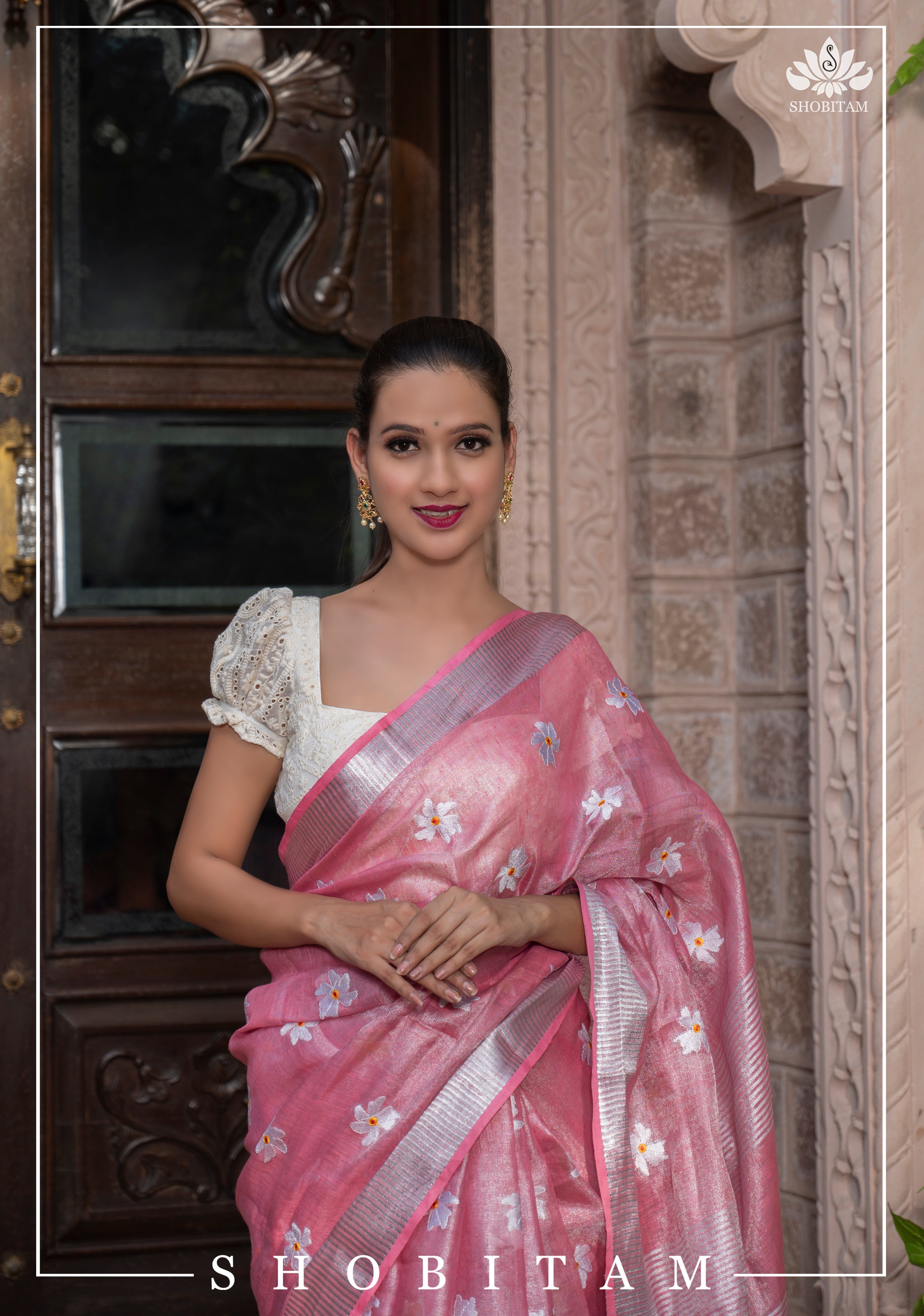 Pink Tissue Linen Saree with Parijaat Flower Embroidery | Shobitam Saree
