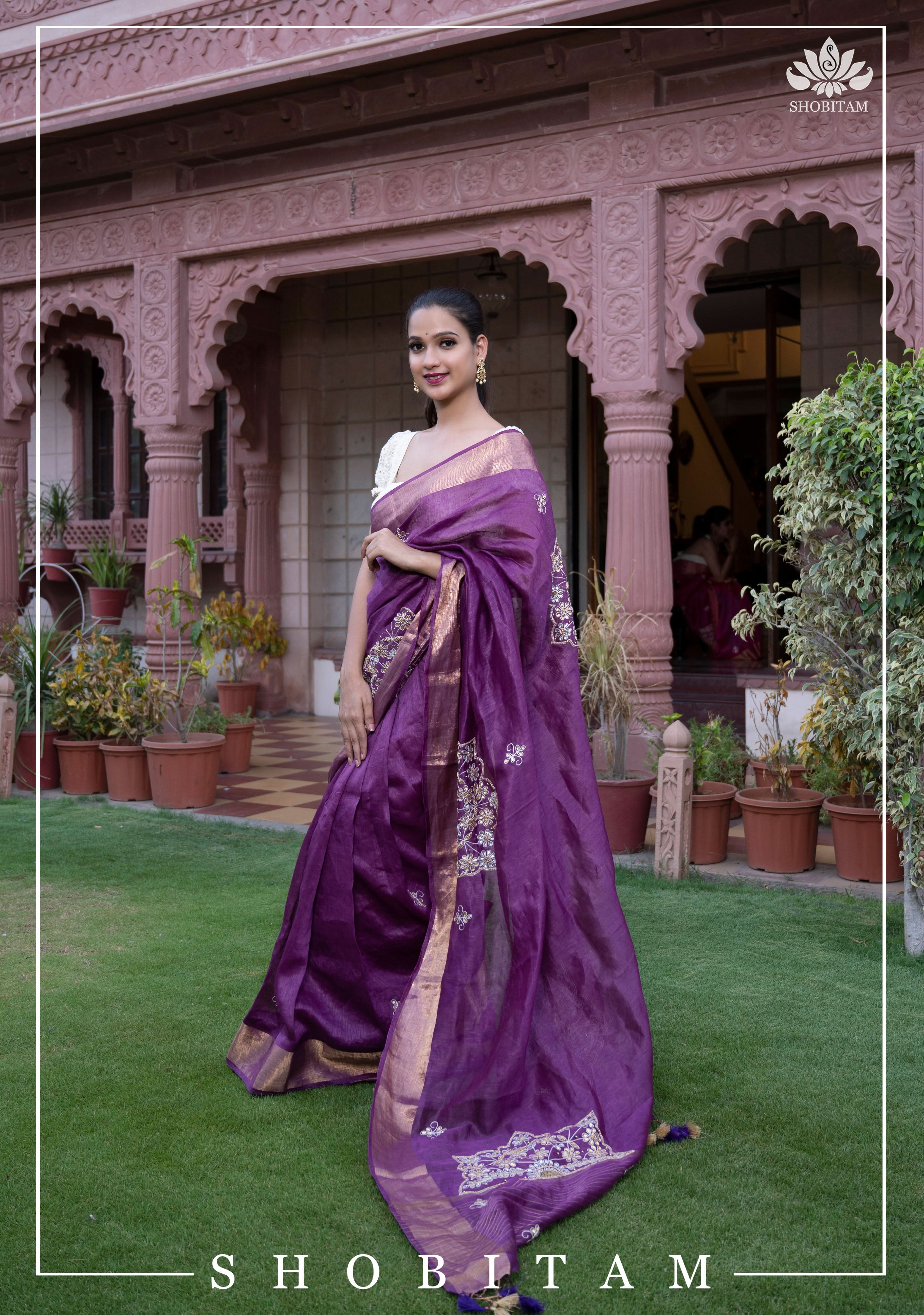 Purple Silk Linen Saree with Embroidery | Shobitam