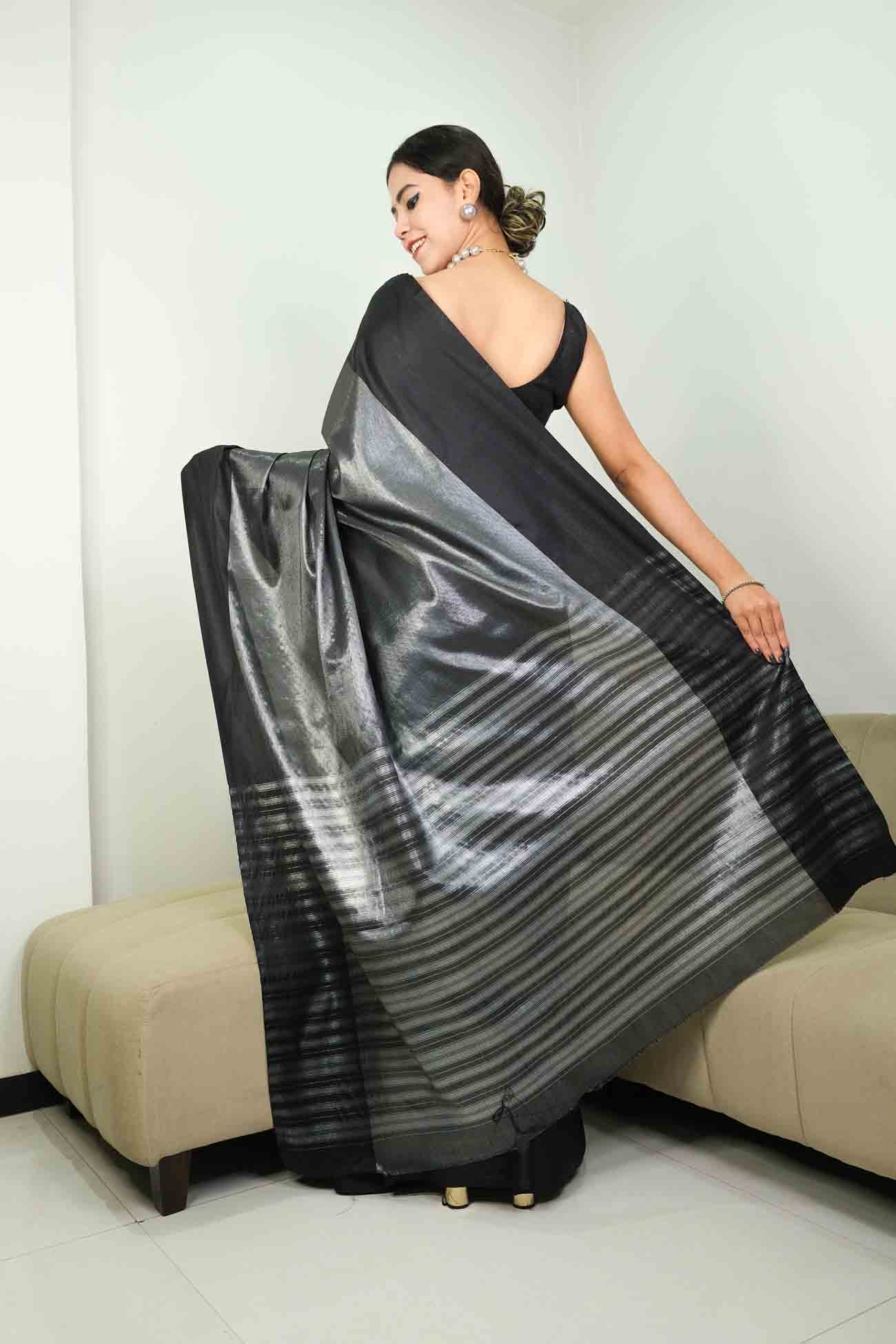 Ready To Wear Beautiful Black & Silver Kanjivaram Silk Woven Ornate Palla Wrap in 1 minute saree - Isadora Life