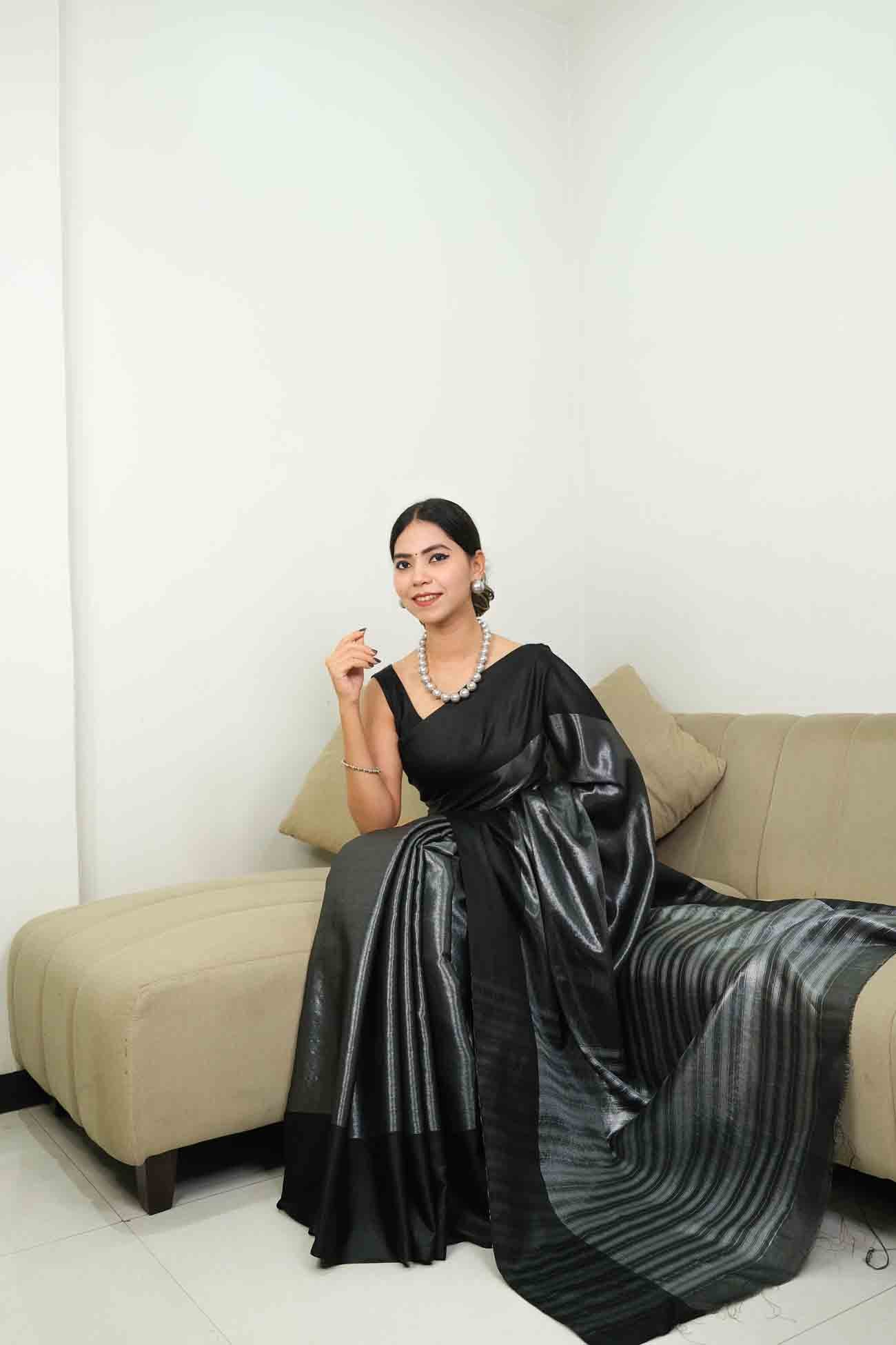 Ready To Wear Beautiful Black & Silver Kanjivaram Silk Woven Ornate Palla Wrap in 1 minute saree - Isadora Life