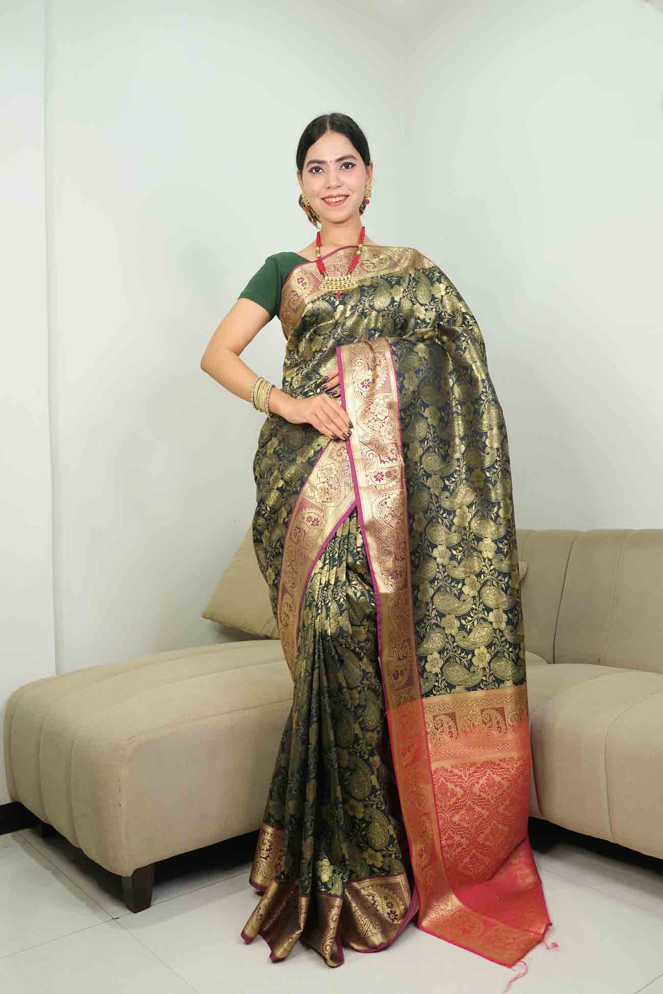 Wedding look special kanjivaram brocade with zari work all over and ornate pallu wrap in 1 minute saree - Isadora Life