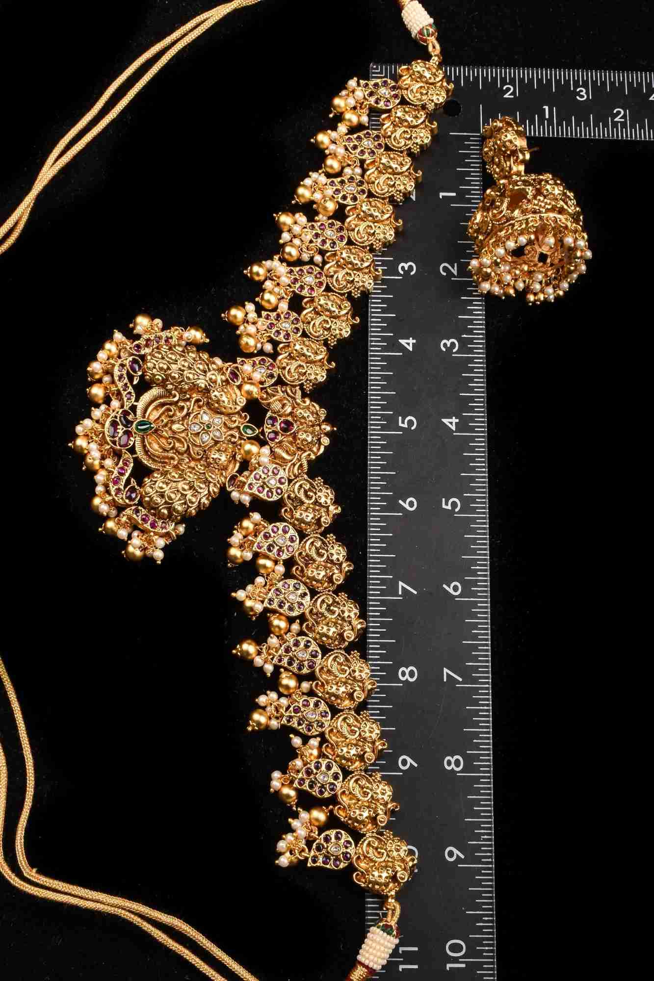 Peacock and Mango Units with Dangling Beads Necklace Set with Matching Earrings