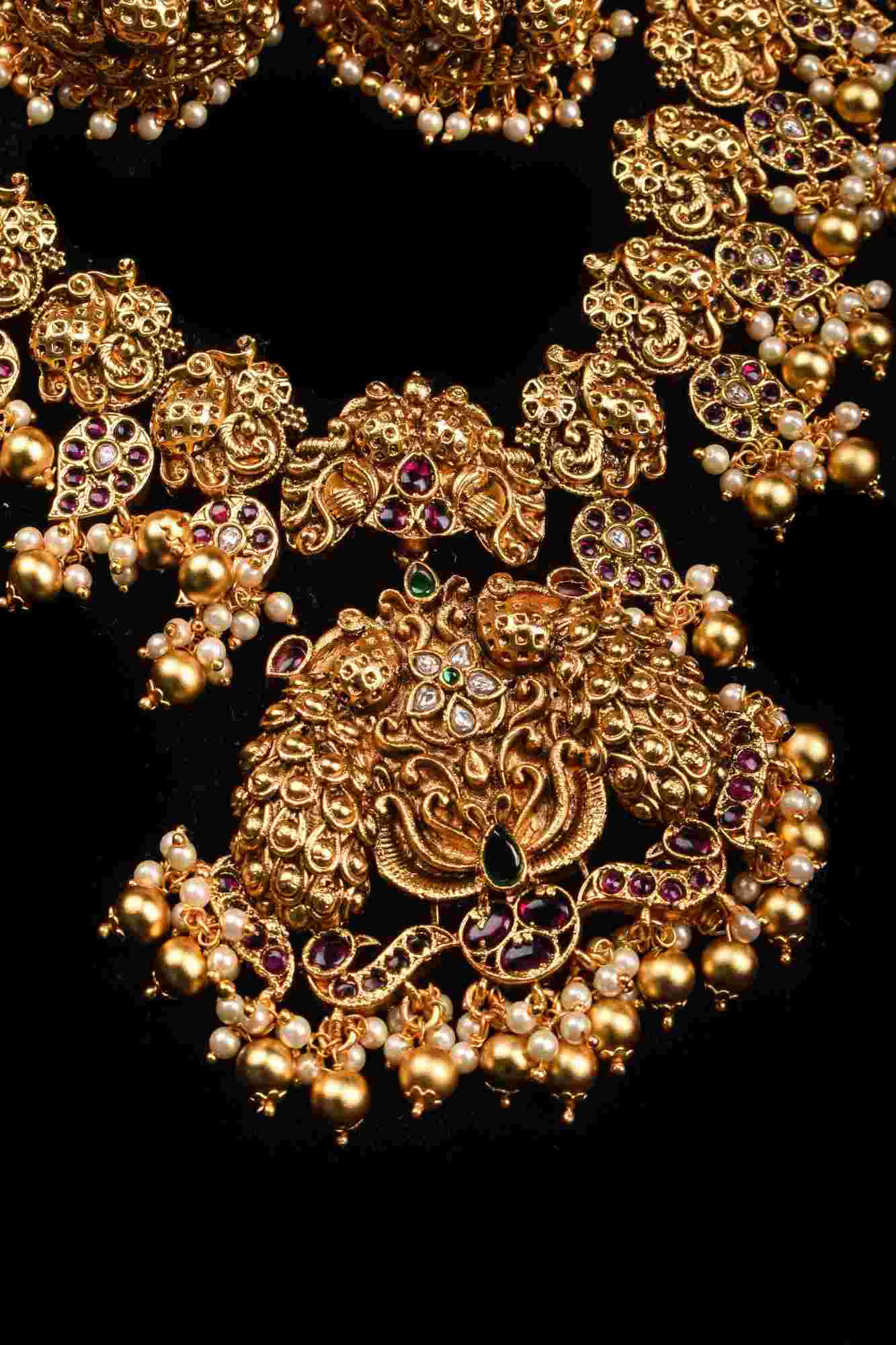 Peacock and Mango Units with Dangling Beads Necklace Set with Matching Earrings