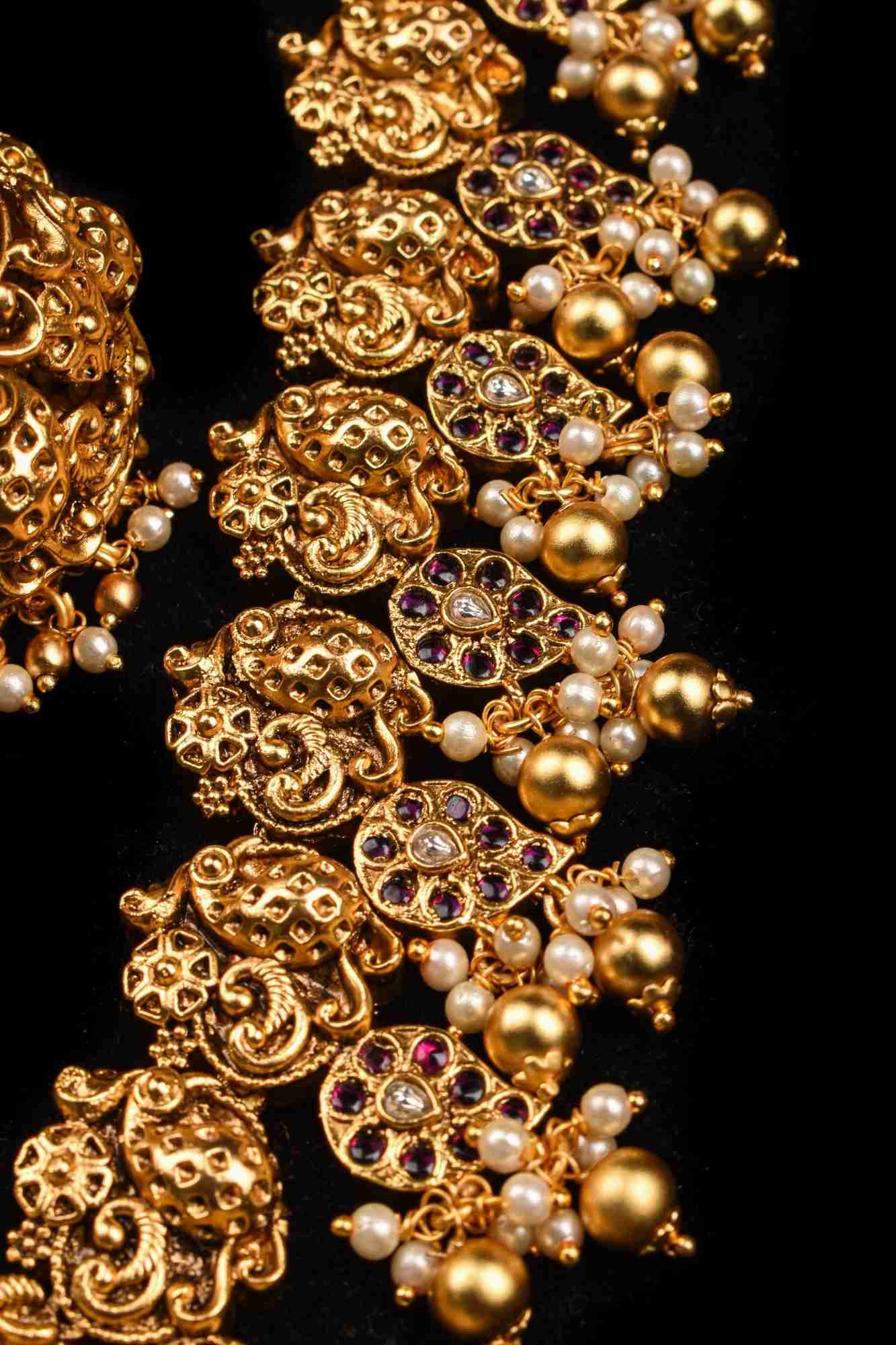 Peacock and Mango Units with Dangling Beads Necklace Set with Matching Earrings